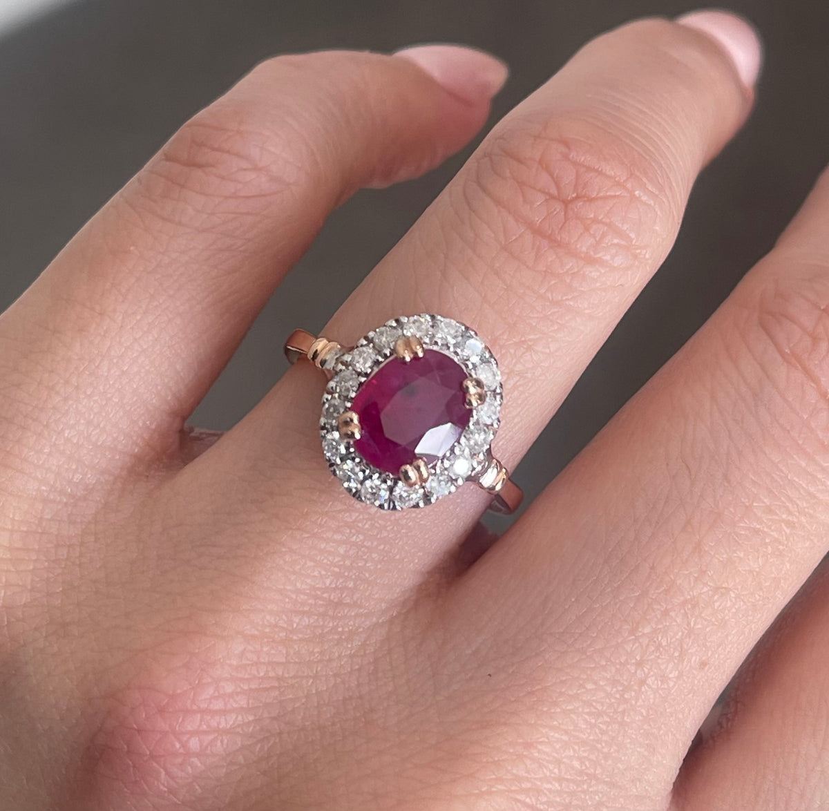Vintage Style Natural Ruby Diamond Halo Ring in 14ct Rose Gold