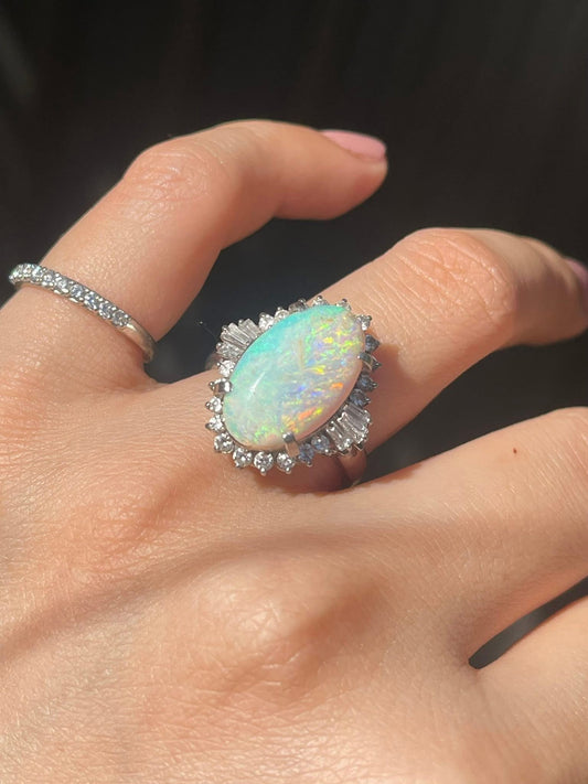 Solid Australian Opal & Diamond Ring In 900 Platinum