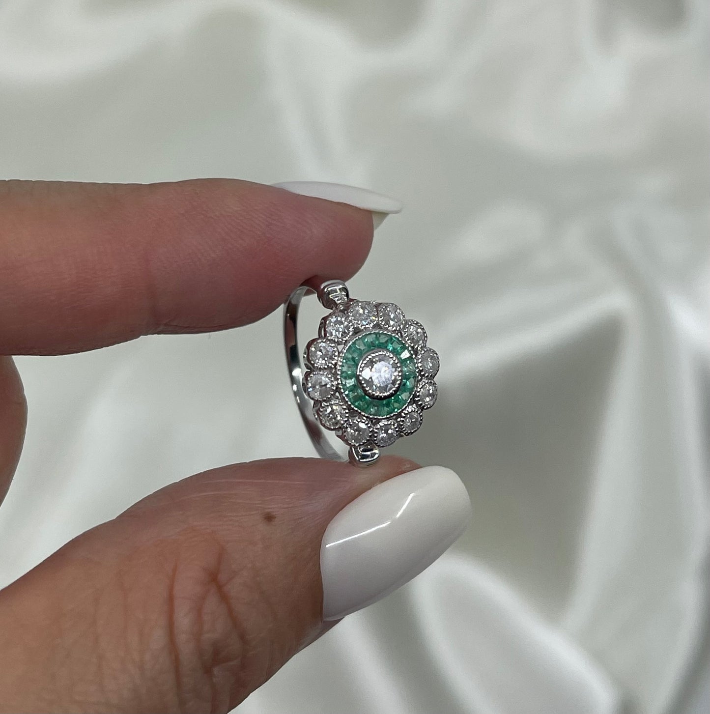 Art Deco Inspired Natural Diamond & Emerald Ring In 14ct White Gold