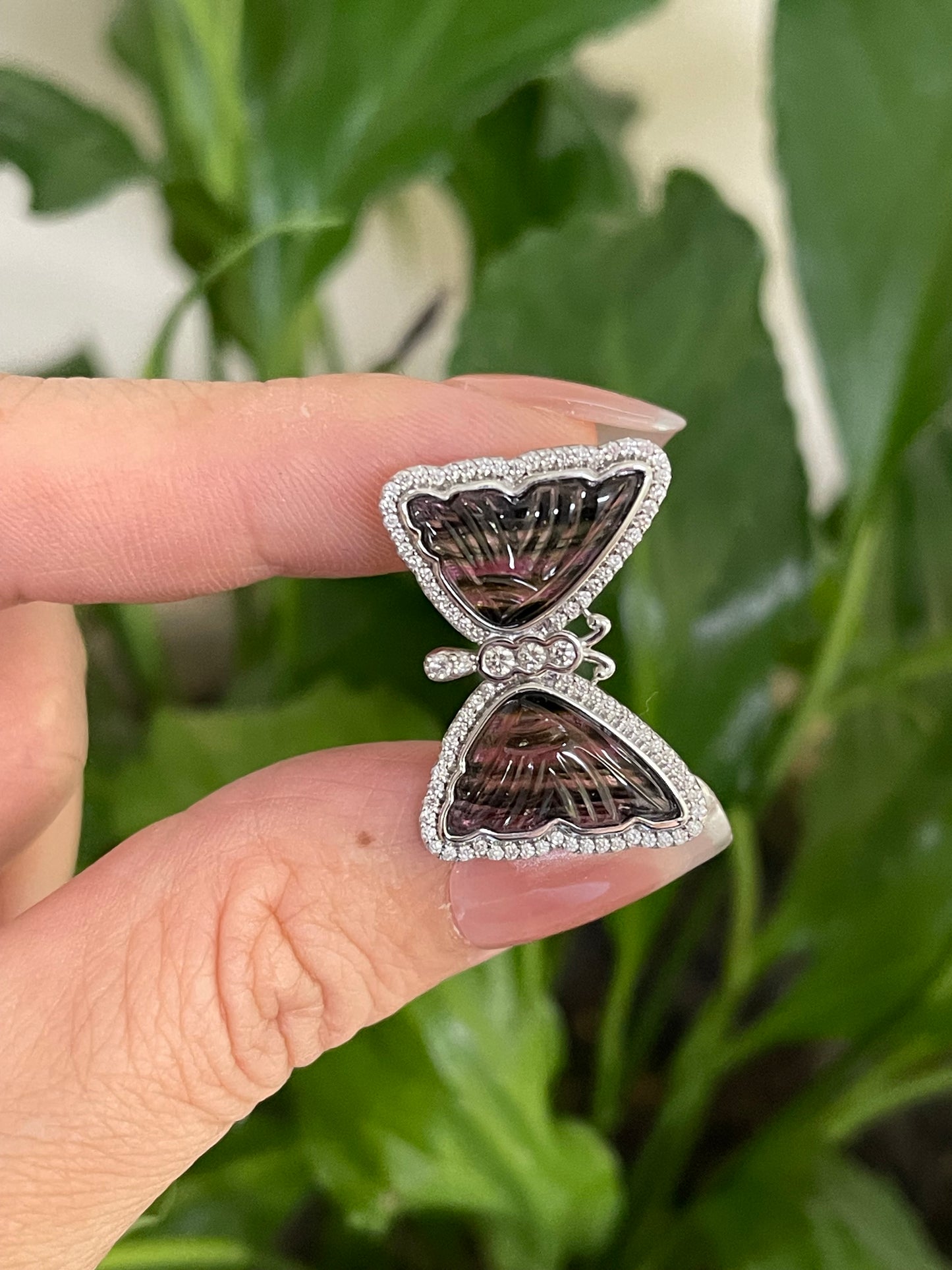 Papillon d’Art – Hand-Carved Natural Tourmaline & Diamond Butterfly Ring in 14ct White Gold