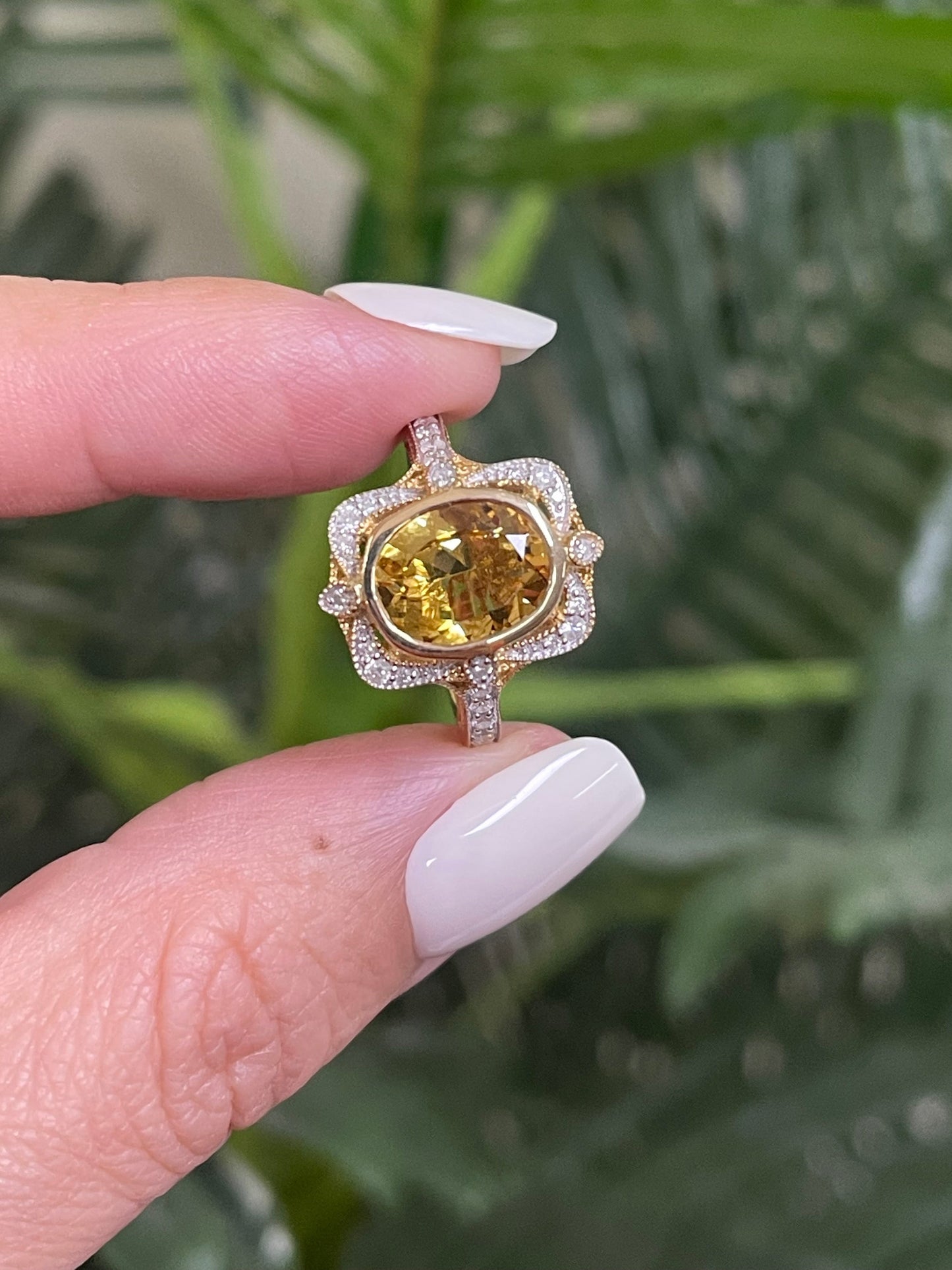 Art Deco Style Natural Heliodor Diamond Ring In 14ct Yellow Gold