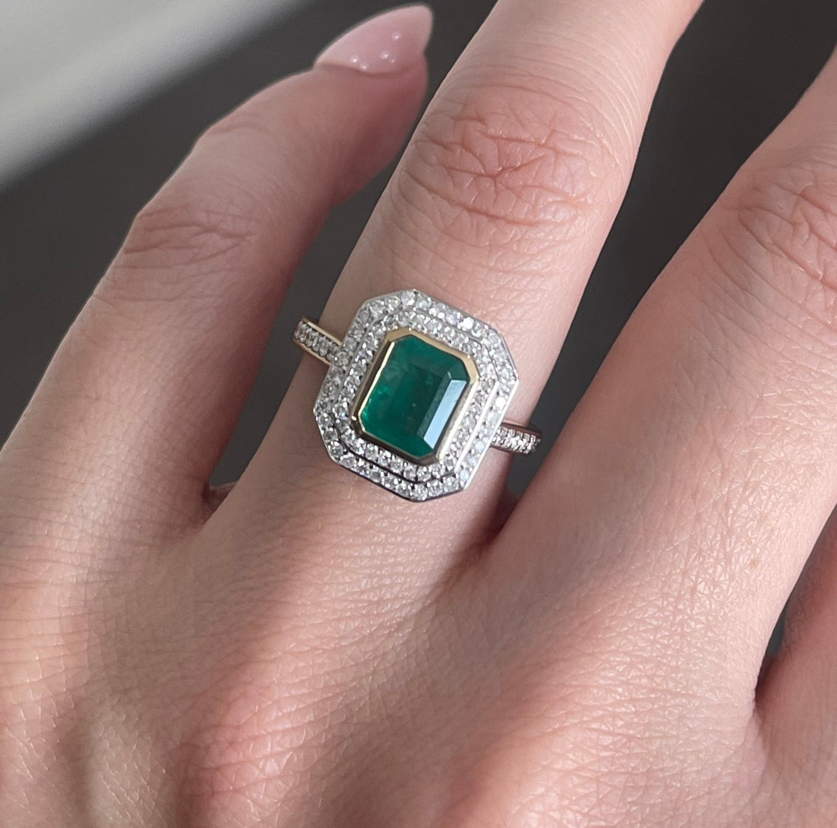Classic Natural Emerald Diamond Double Halo Ring In 14ct Yellow White Gold