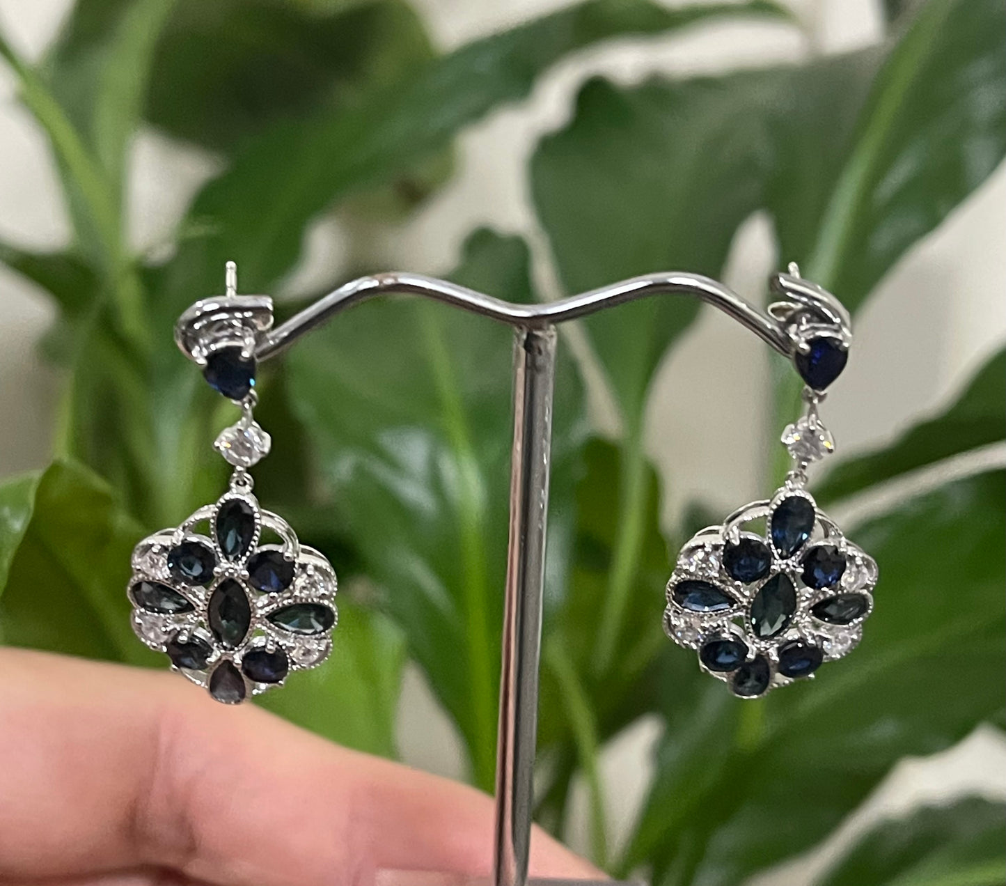 Art Deco Style 4.07ct Natural Sapphire & Diamond Drop Earrings In 14ct White Gold
