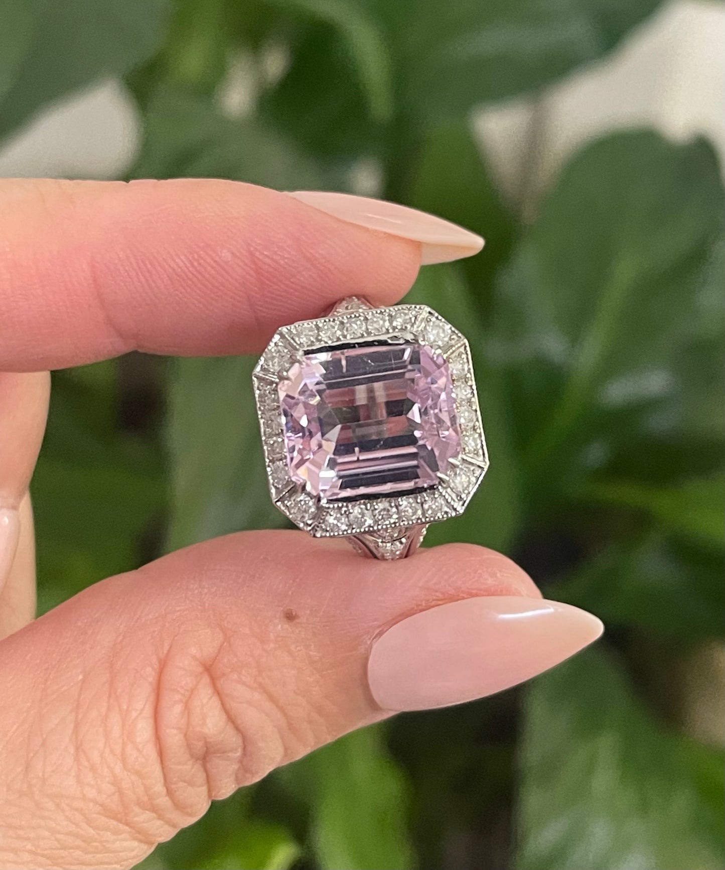 Art Deco Style 7.71ct Natural Kunzanite 1.25ct Natural Diamond Ring In 14ct White Gold