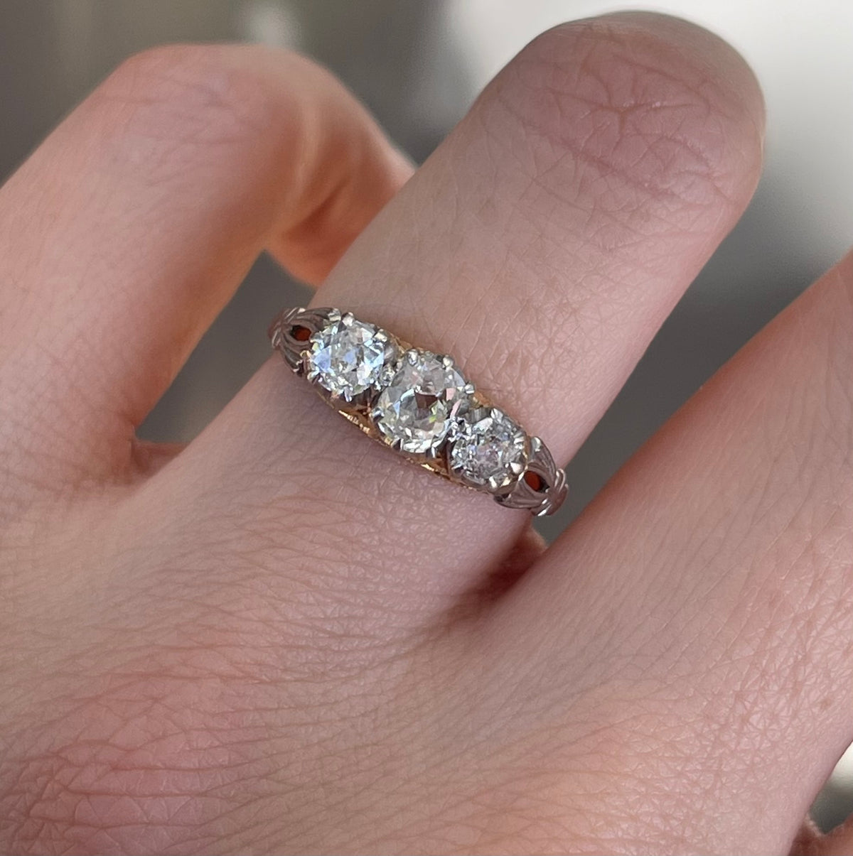 Antique 1ct Old Cut Diamond Trilogy Ring In 18ct Yellow Gold & Platinum Mount