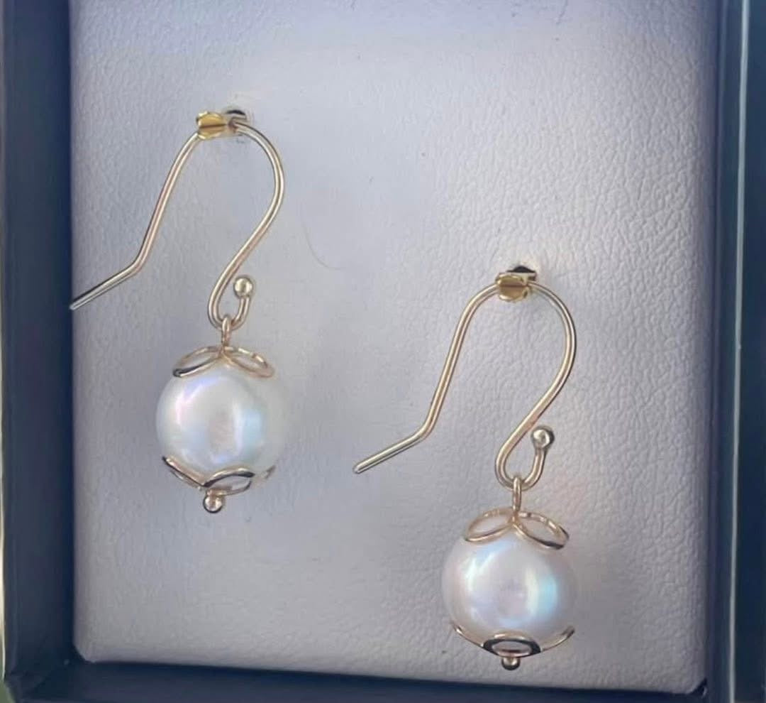 SE custom 9ct yellow gold round pearl drop earrings with flower detailing