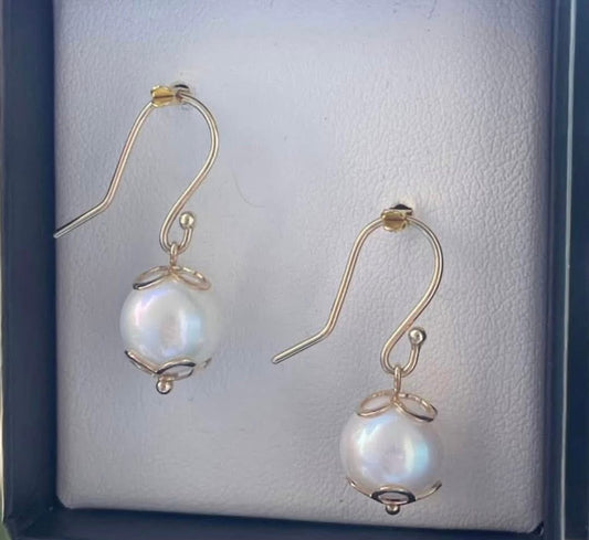 SE custom 9ct yellow gold round pearl drop earrings with flower detailing