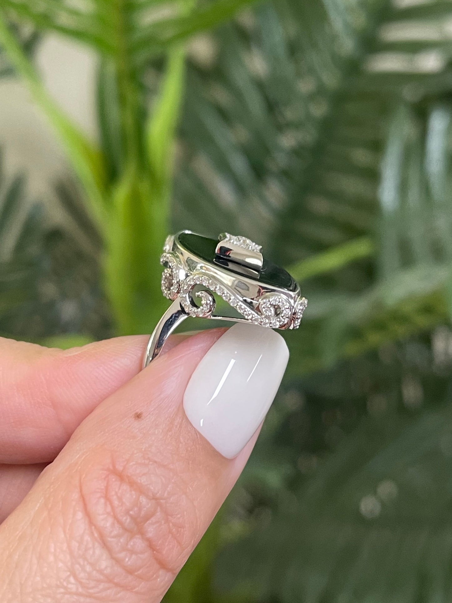 Art Deco Onyx & Diamond Cocktail Ring In 14ct White Gold