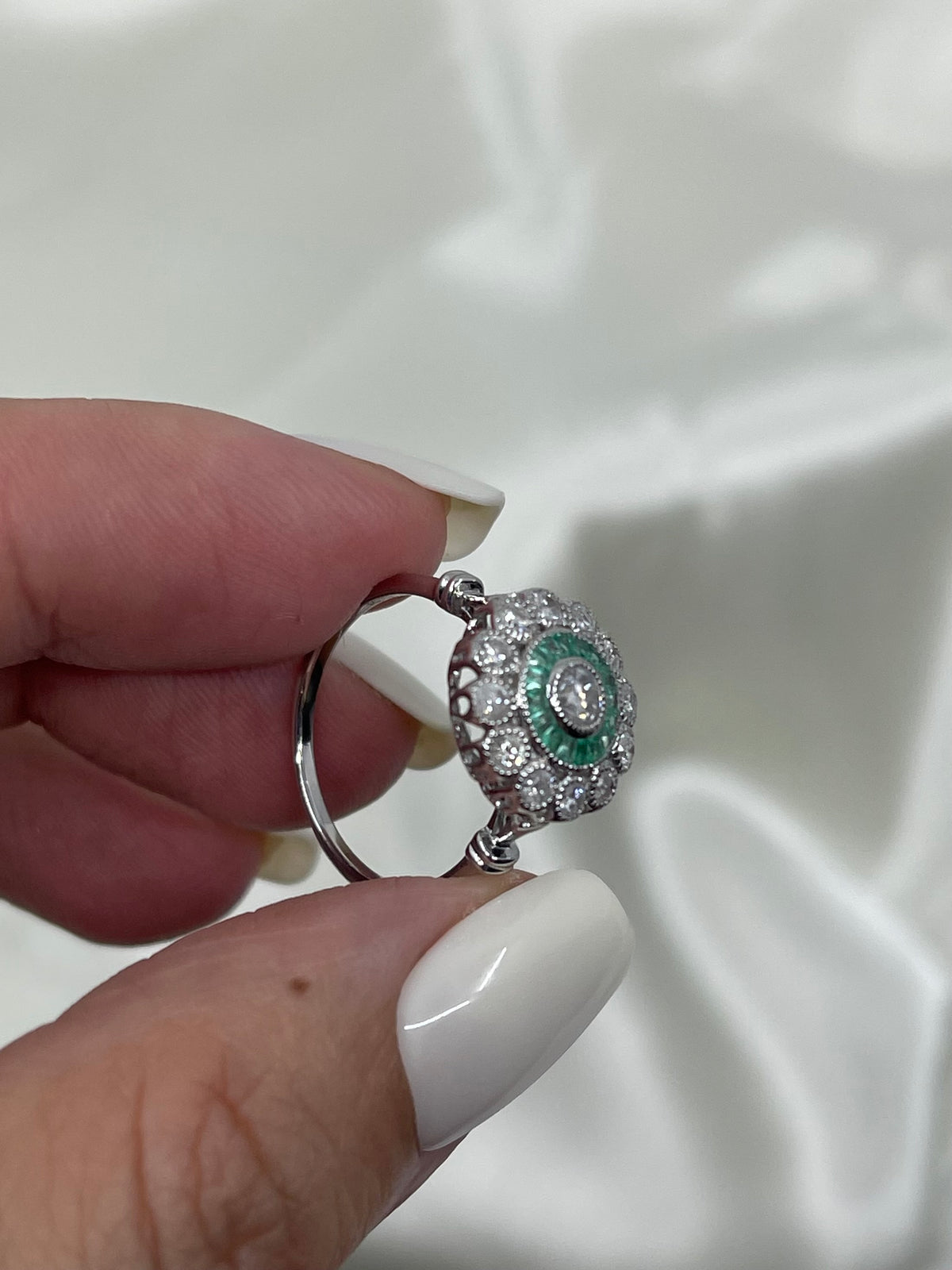 Art Deco Inspired Natural Diamond & Emerald Ring In 14ct White Gold