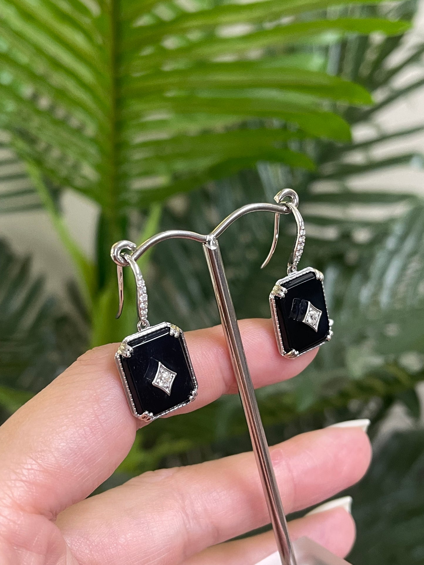 Art Deco Style Black Onyx Diamond Drop Earrings In 14ct White Gold