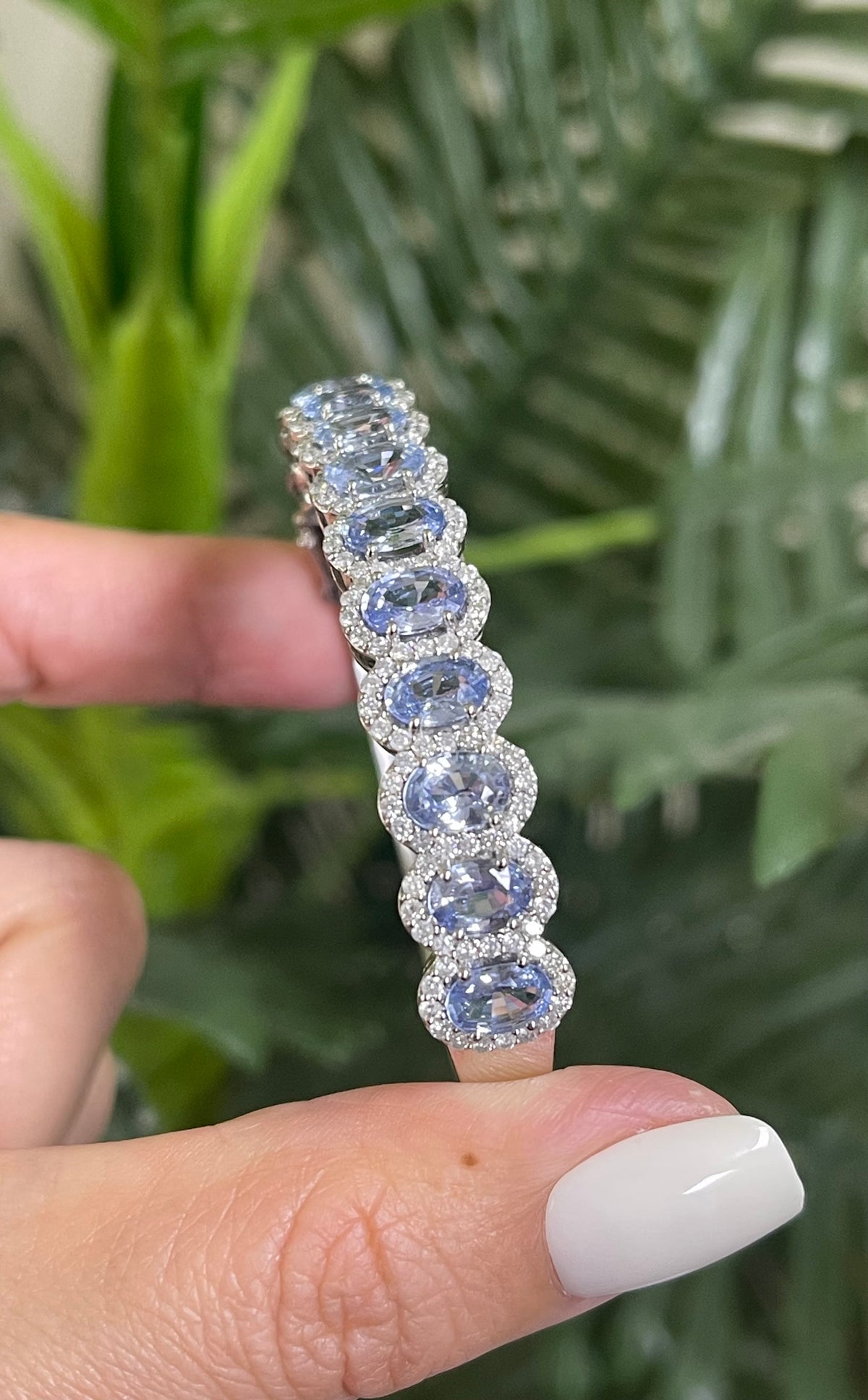 12.40ct Natural Ceylon Sapphire & 2.17ct Diamond Halo Bangle In 18ct White Gold