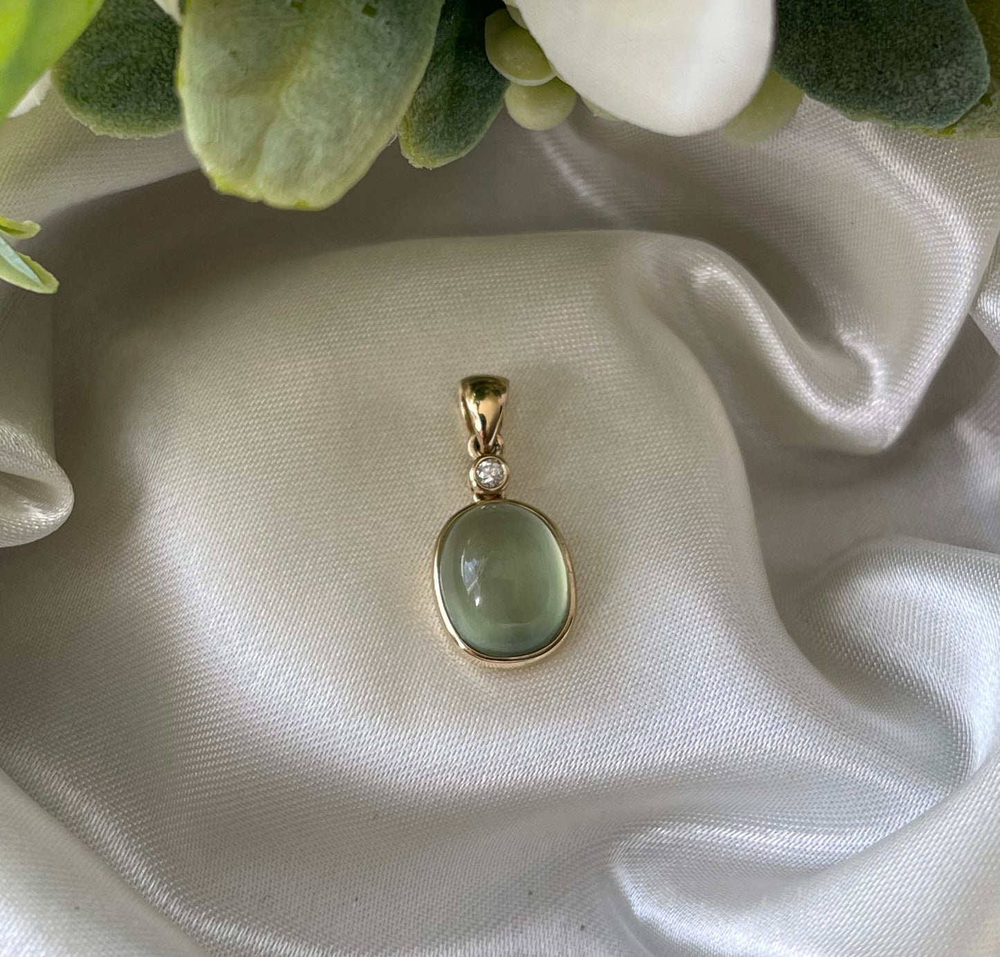 4.4ct Prehnite & Diamond Pendant in 9ct Yellow Gold
