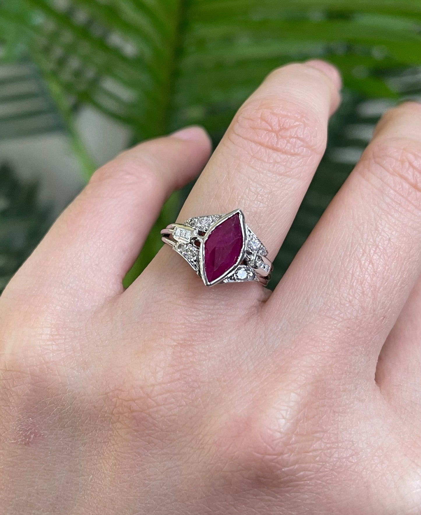 Art Deco Style 1.6ct Natural Marquise cut Ruby & Diamond Ring