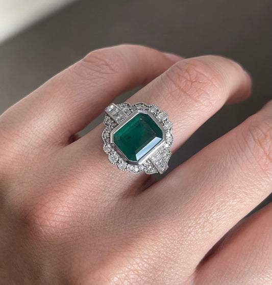 Art Deco Style Natural Emerald Diamond Ring In 14ct White Gold