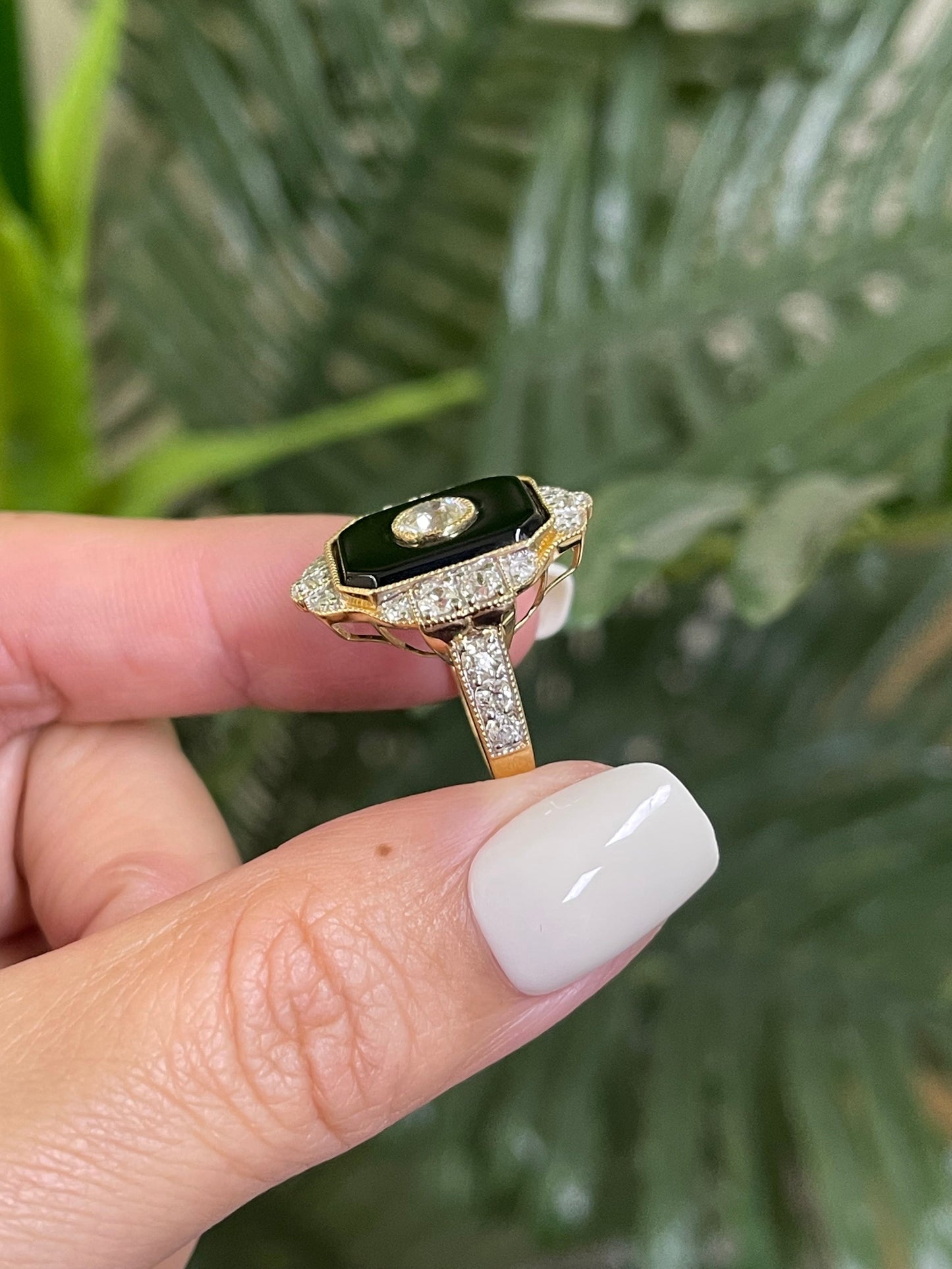 Art Deco Inspired Black Onyx Natural 1.52ct Old Cut Diamond Ring In 14ct Yellow Gold