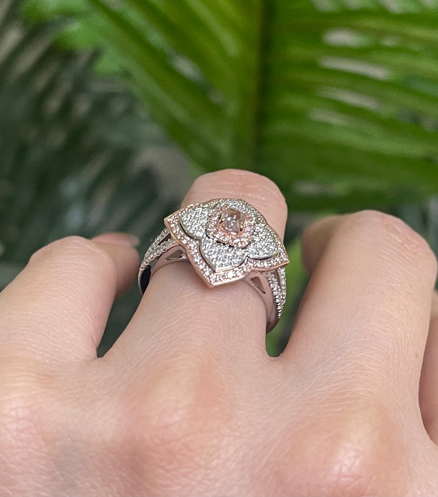 Natural Pink Diamond Flower Ring In 14ct Rose Gold & White Gold