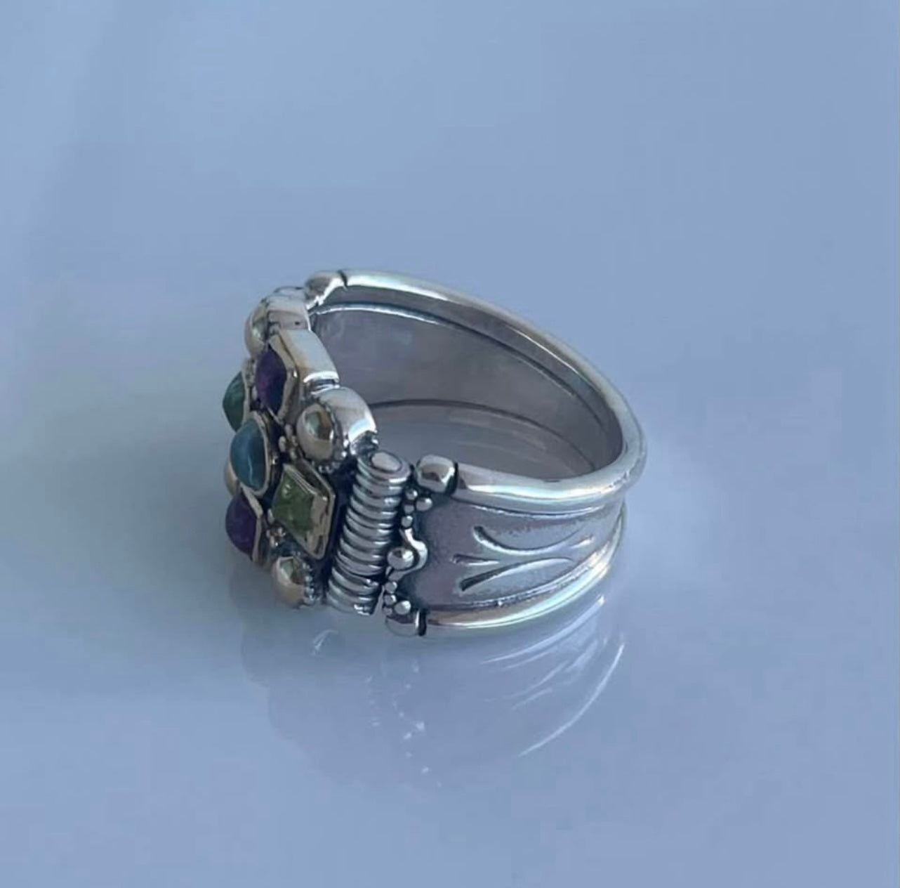 18ct yellow gold & sterling silver aquamarine & tourmaline wide band