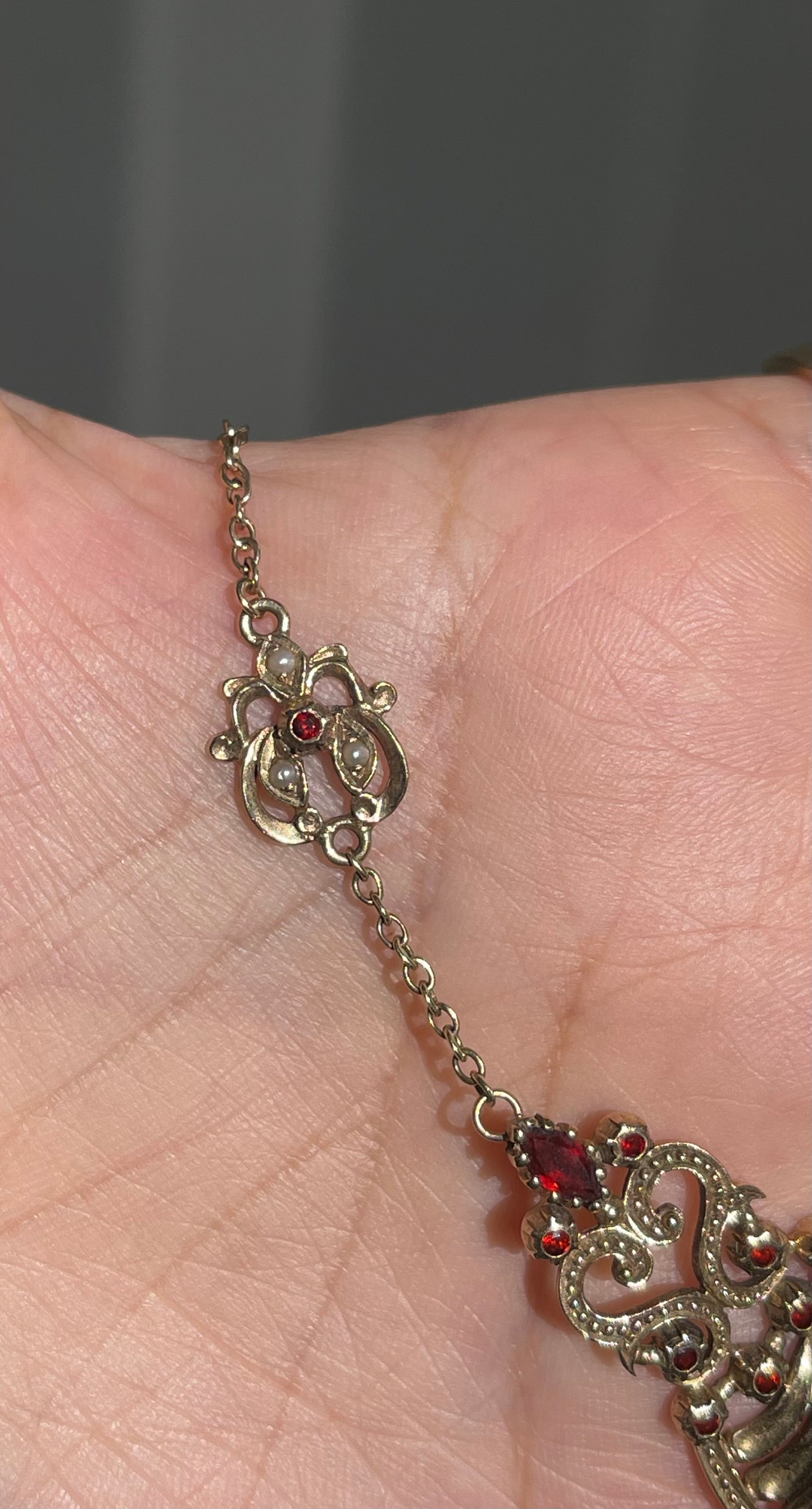 Antique Garnet & Seed Pearl Necklace In 9ct Yellow Gold