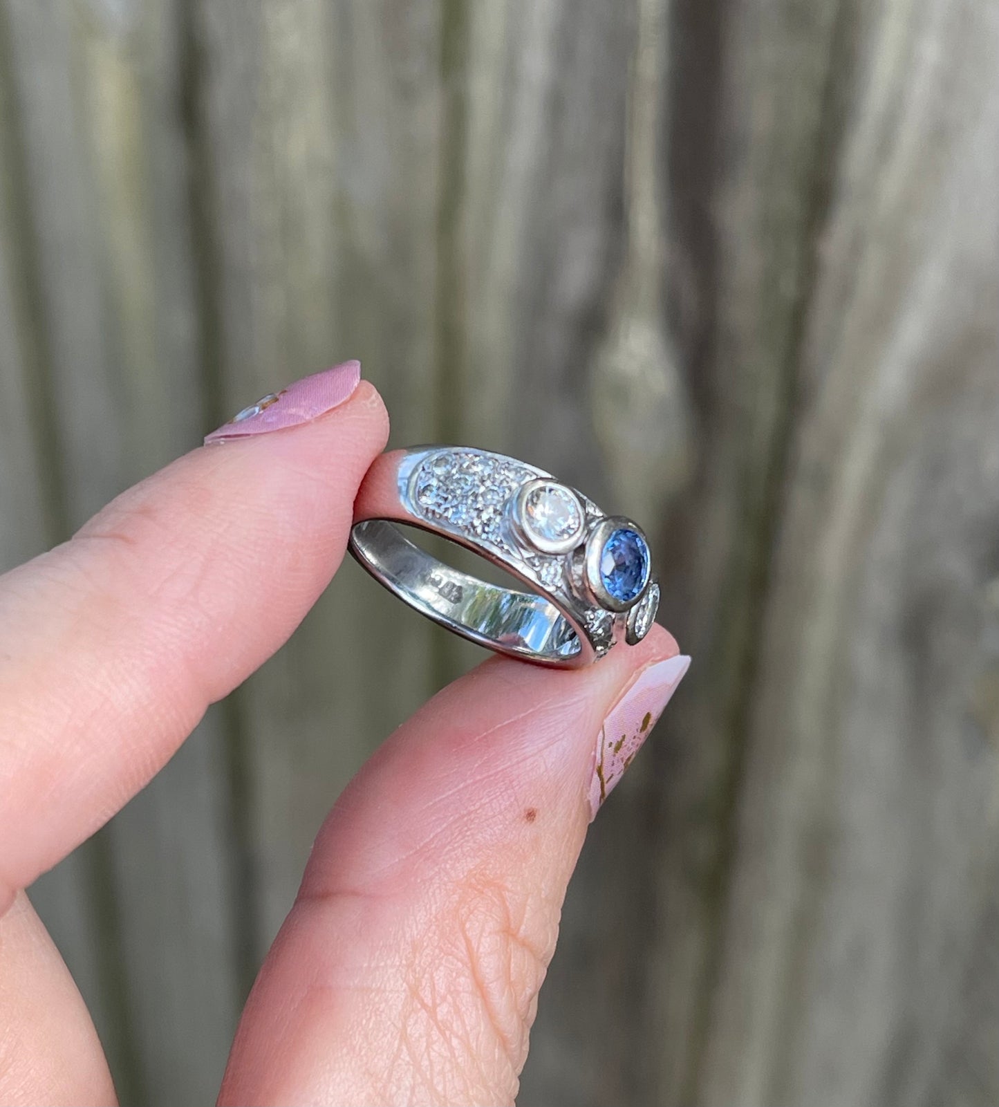 Vintage Natural Ceylon Sapphire Diamond Trilogy Ring In 18ct White Gold