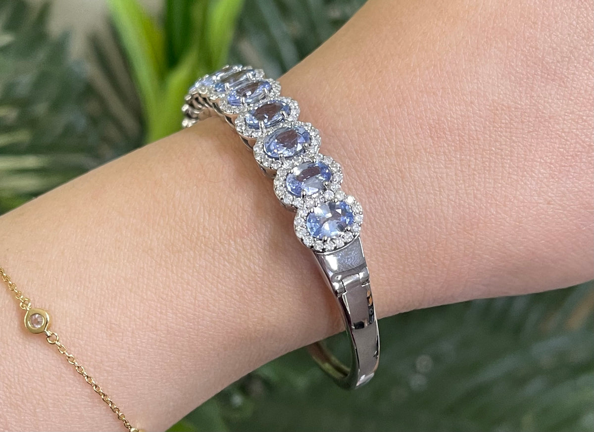 12.40ct Natural Ceylon Sapphire & 2.17ct Diamond Halo Bangle In 18ct White Gold