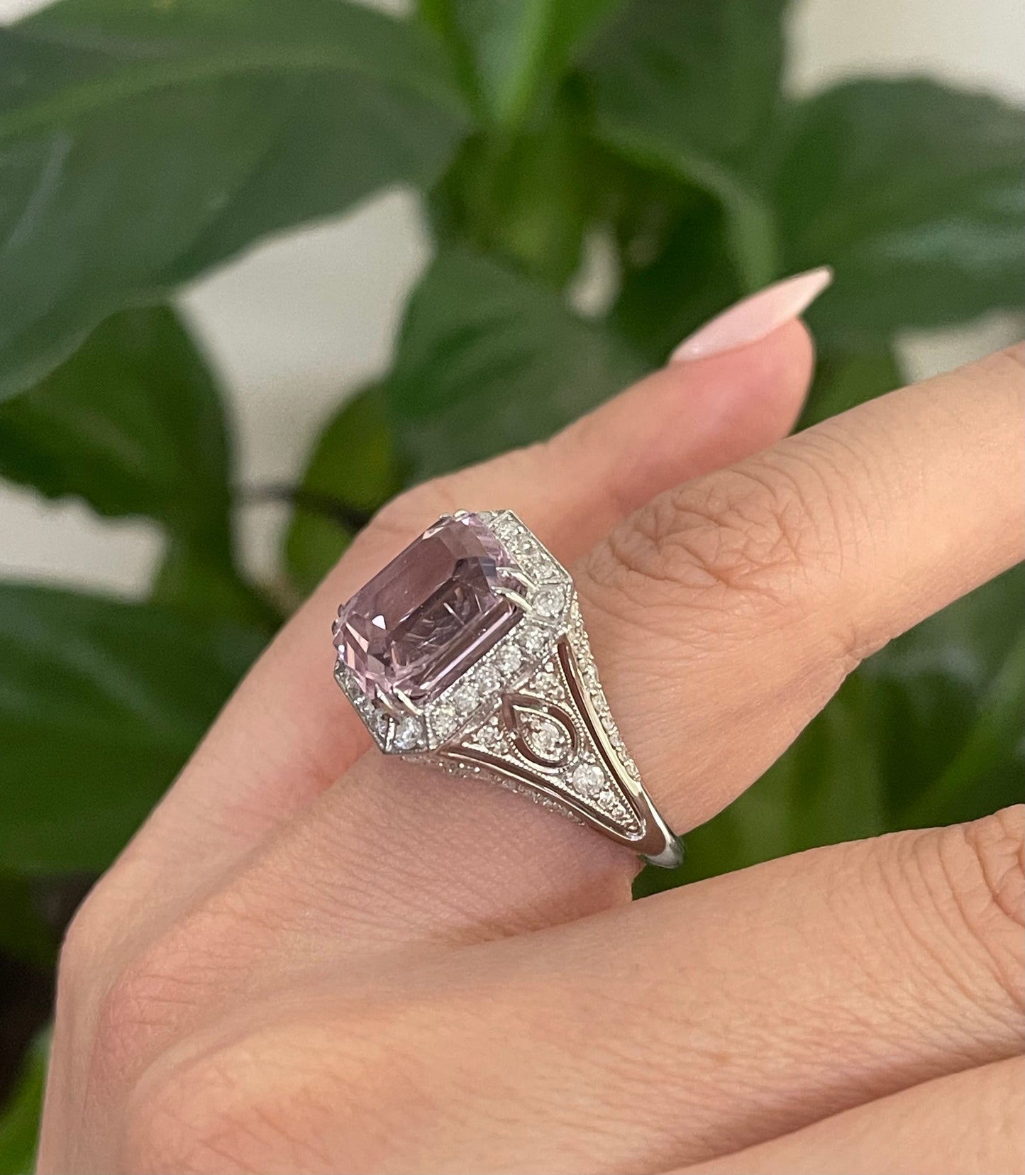 Art Deco Style 7.71ct Natural Kunzanite 1.25ct Natural Diamond Ring In 14ct White Gold