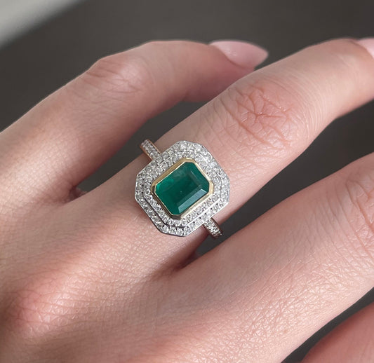 Classic Natural Emerald Diamond Double Halo Ring In 14ct Yellow White Gold