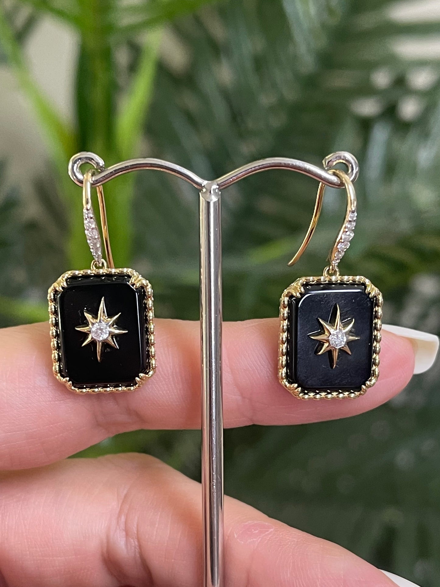 Onyx & Diamond Star Set Drop Earrings In 14ct Yellow Gold