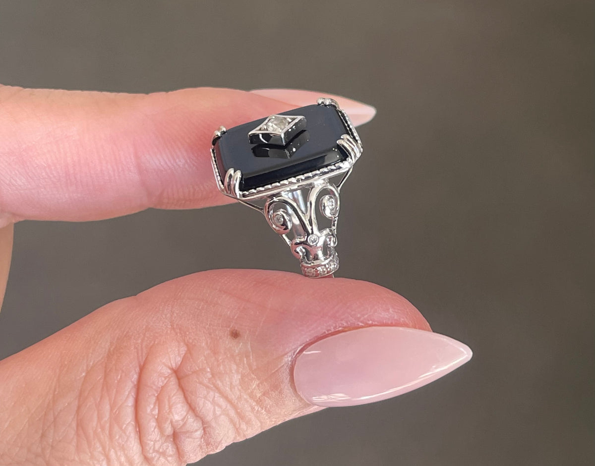 Art Deco Style Onyx & Old Cut Diamond Ring In 14ct White Gold