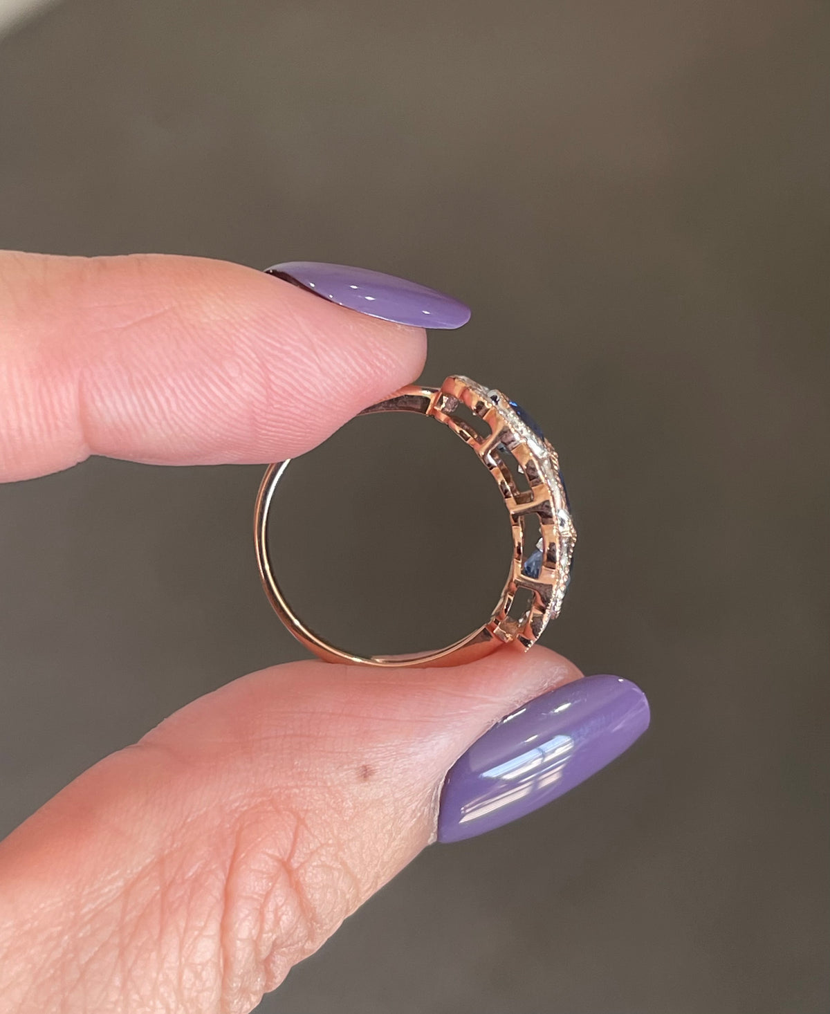 Classic Natural Sapphire Diamond Trilogy Ring In 14ct Rose Gold