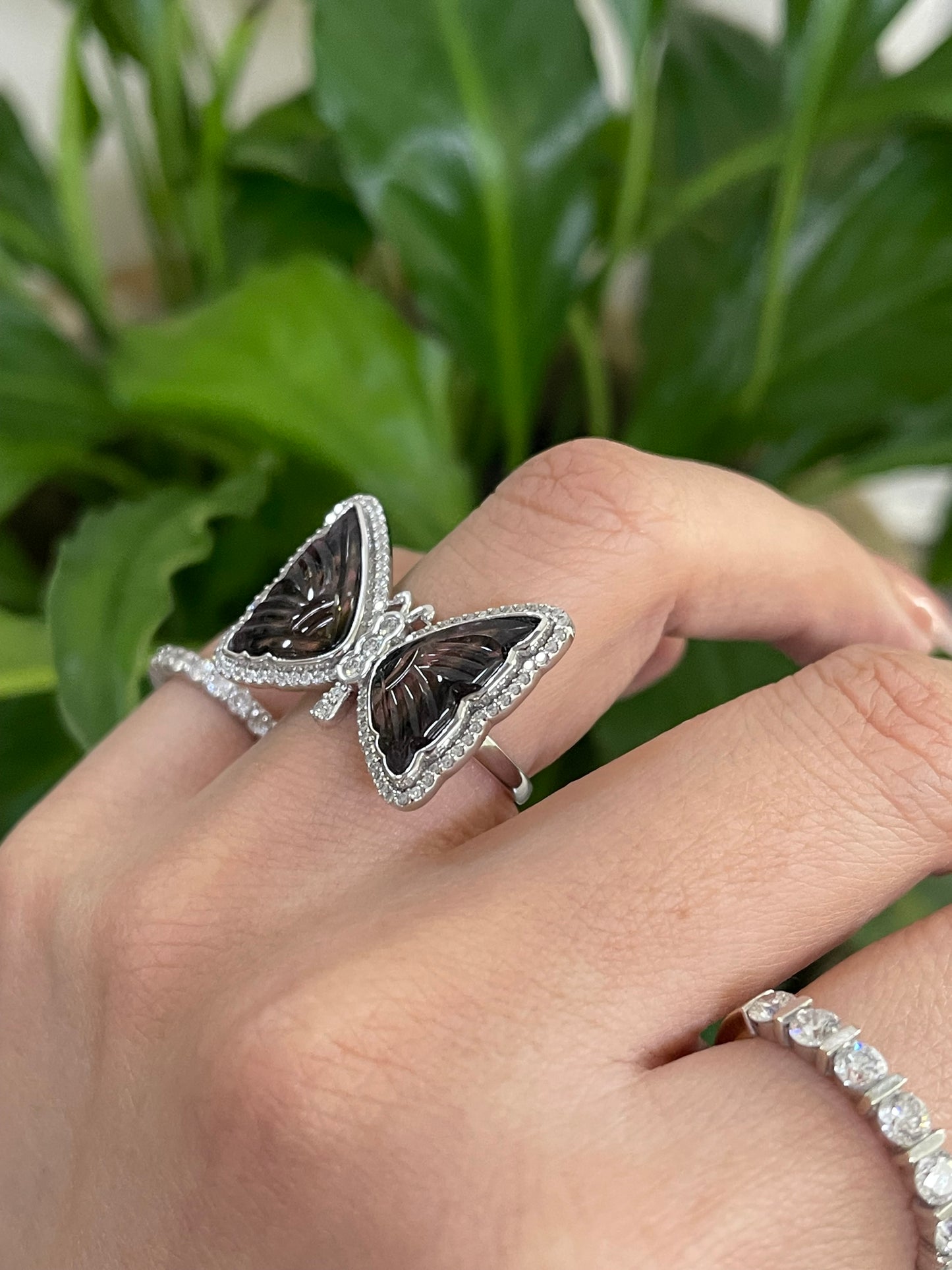 Papillon d’Art – Hand-Carved Natural Tourmaline & Diamond Butterfly Ring in 14ct White Gold