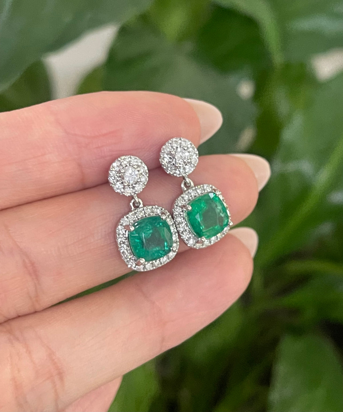 3.02ct Natural Emerald Diamond Drop Earrings In 14ct White Gold