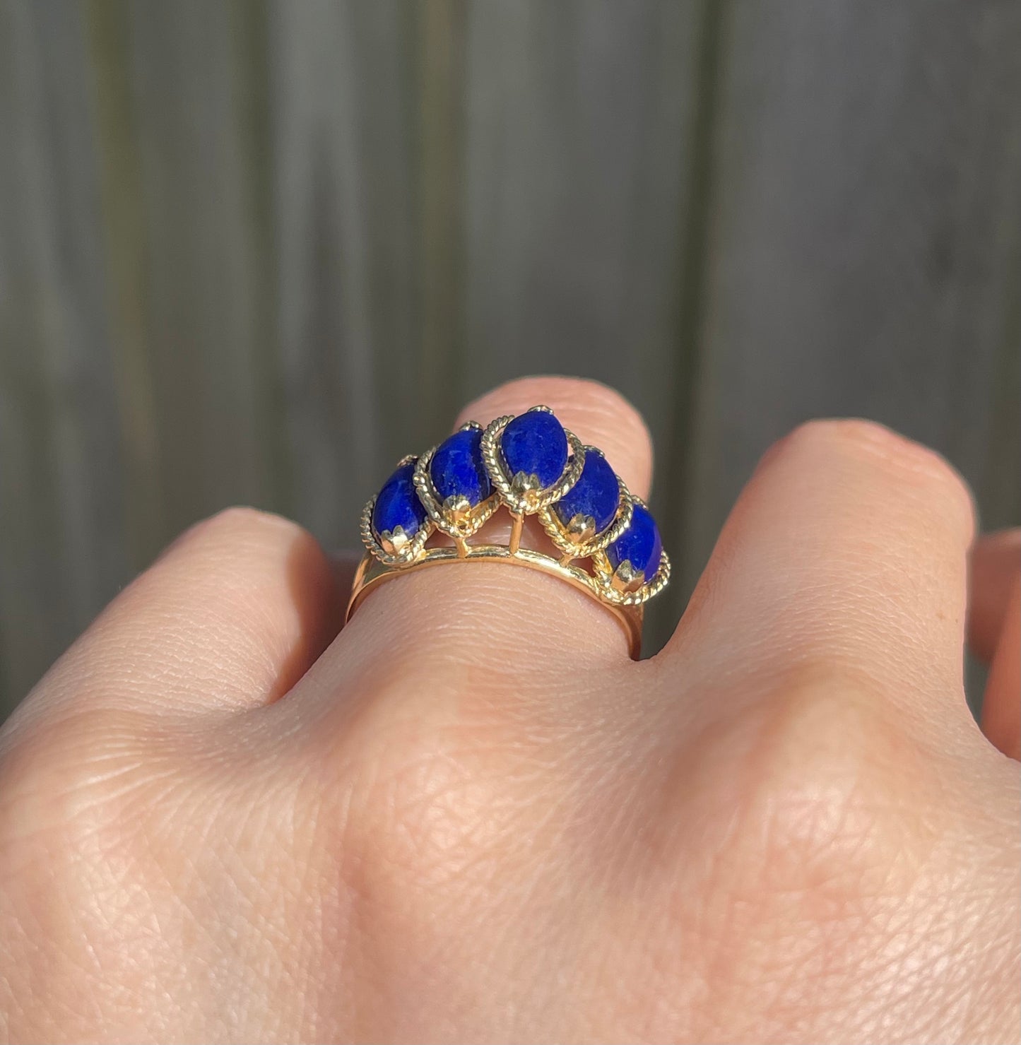 Vintage 5 Stone Marquise Cut Lapis Ring In 14ct Yellow Gold