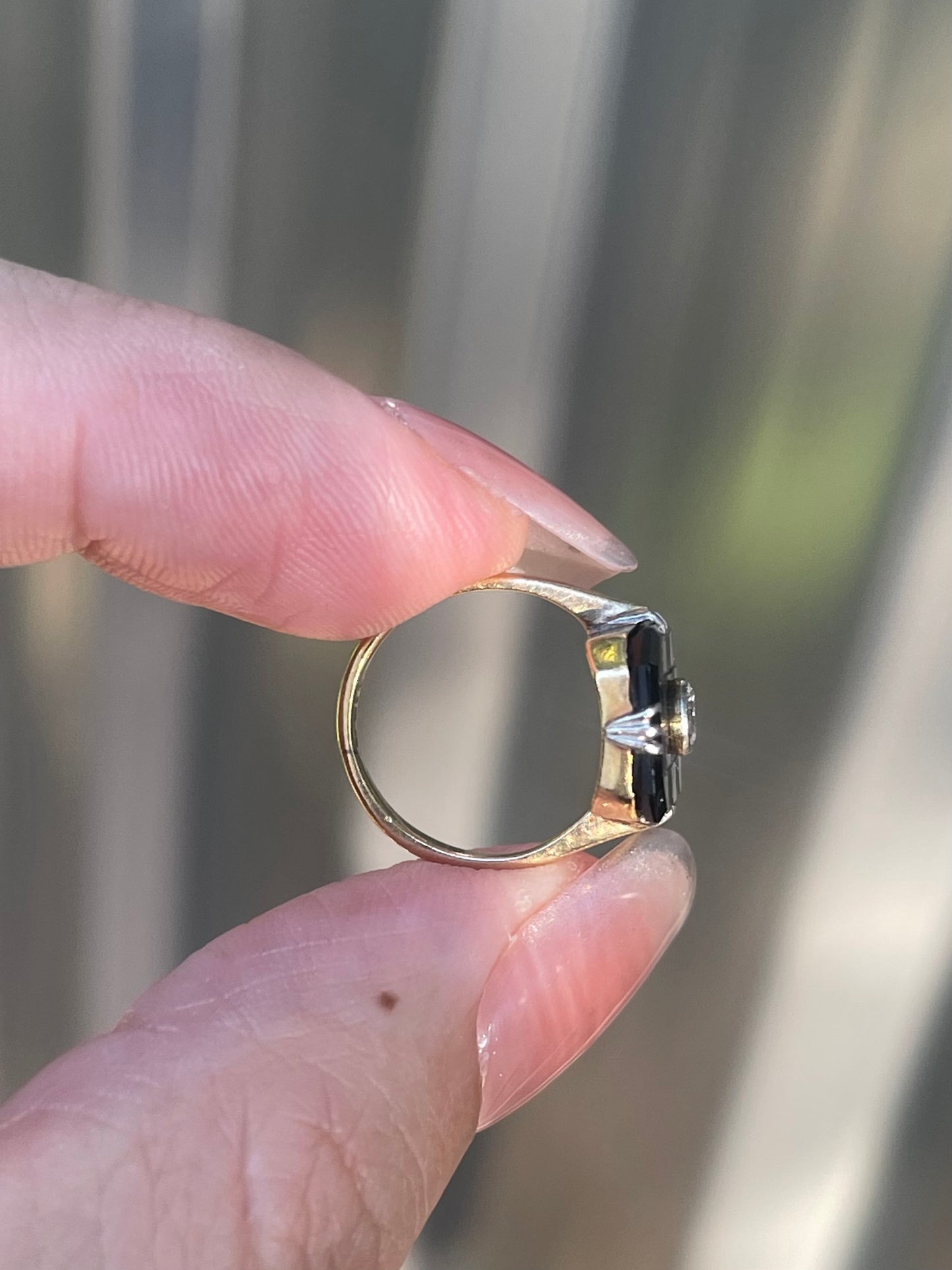 Antique Art Deco Checkerboard Cut Onyx Diamond Ring In 18ct Yellow Gold