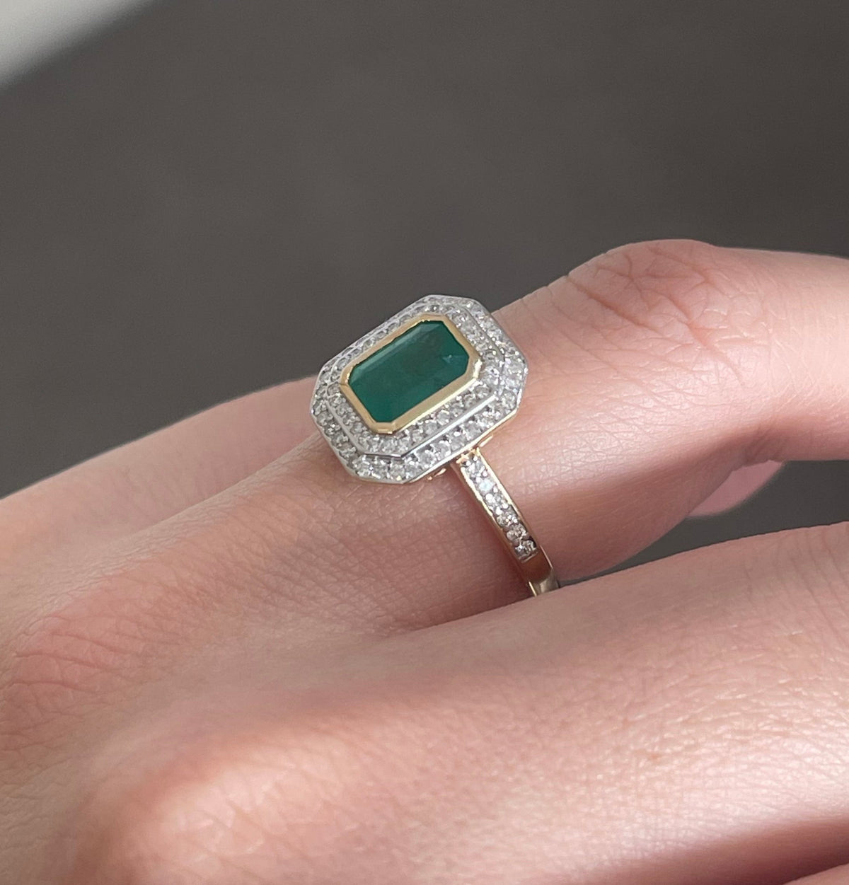 Classic Natural Emerald Diamond Double Halo Ring In 14ct Yellow White Gold