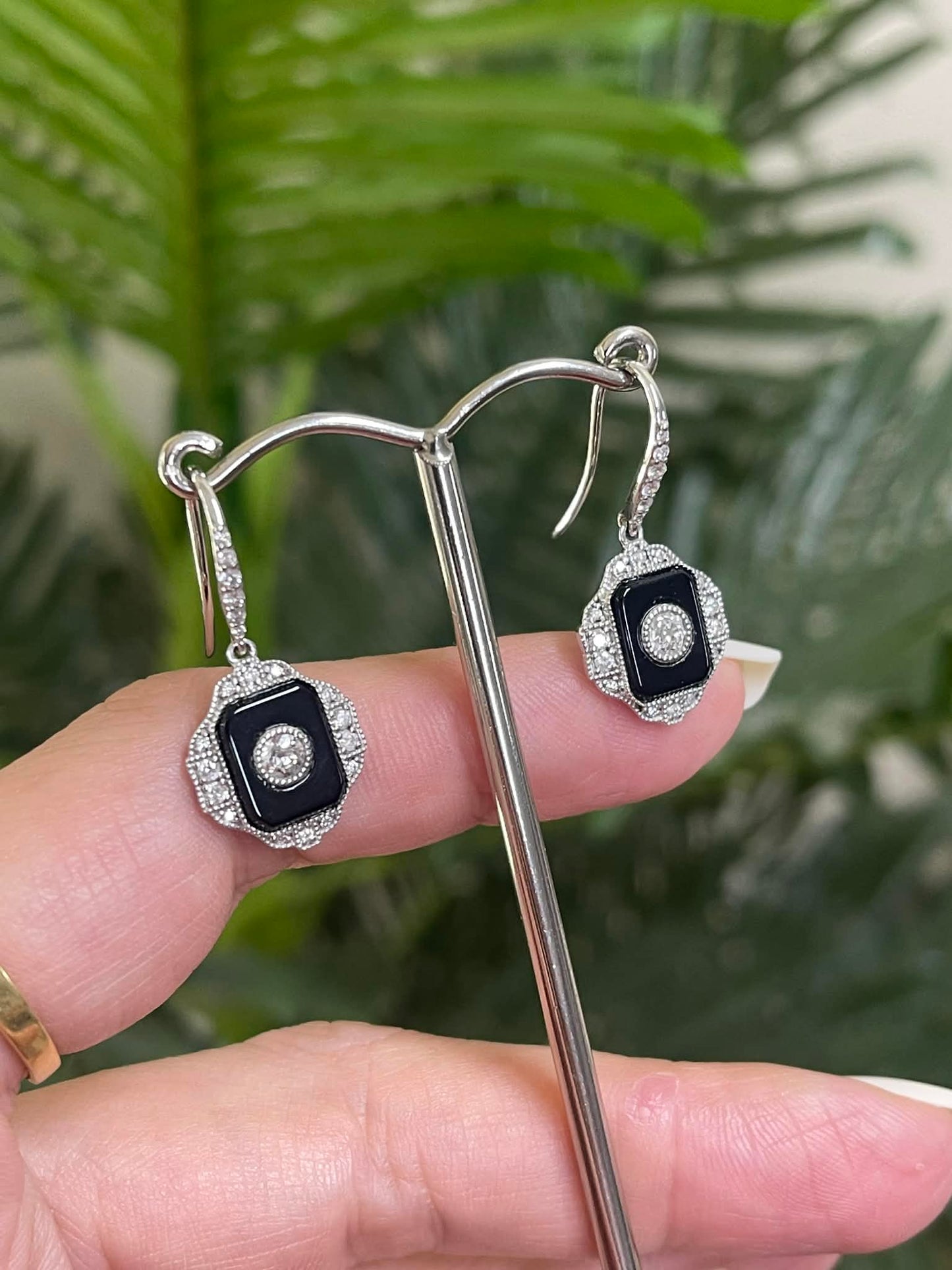 Art Deco Style Natural Onyx & Diamond Drop Earrings In 14ct White Gold