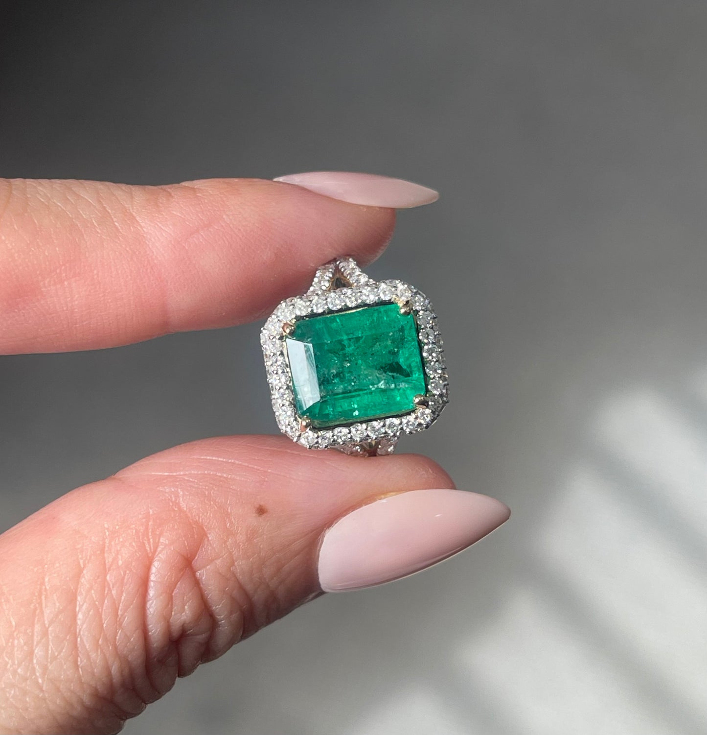 4.21ct Natural Emerald Diamond Halo Ring In 14ct Yellow Gold