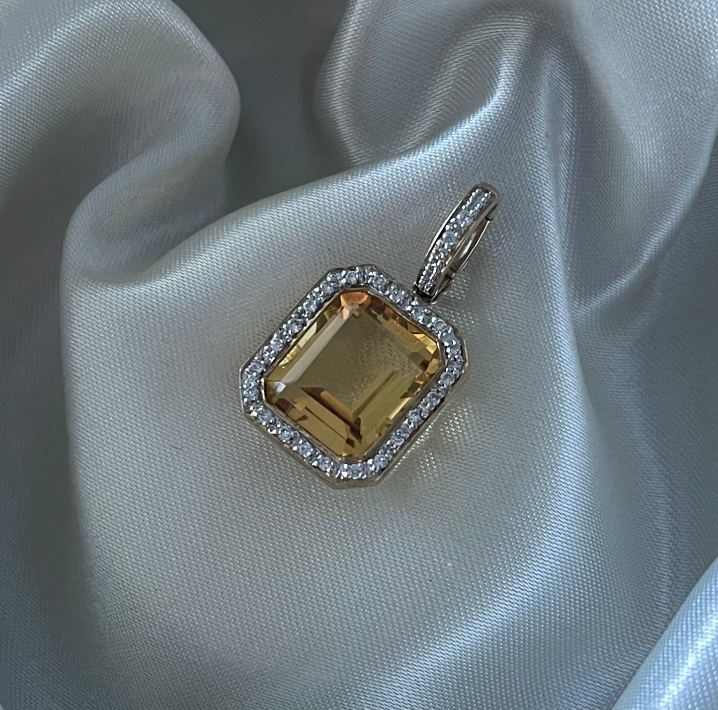 Art deco style 9ct yellow natural citrine diamond halo pendant