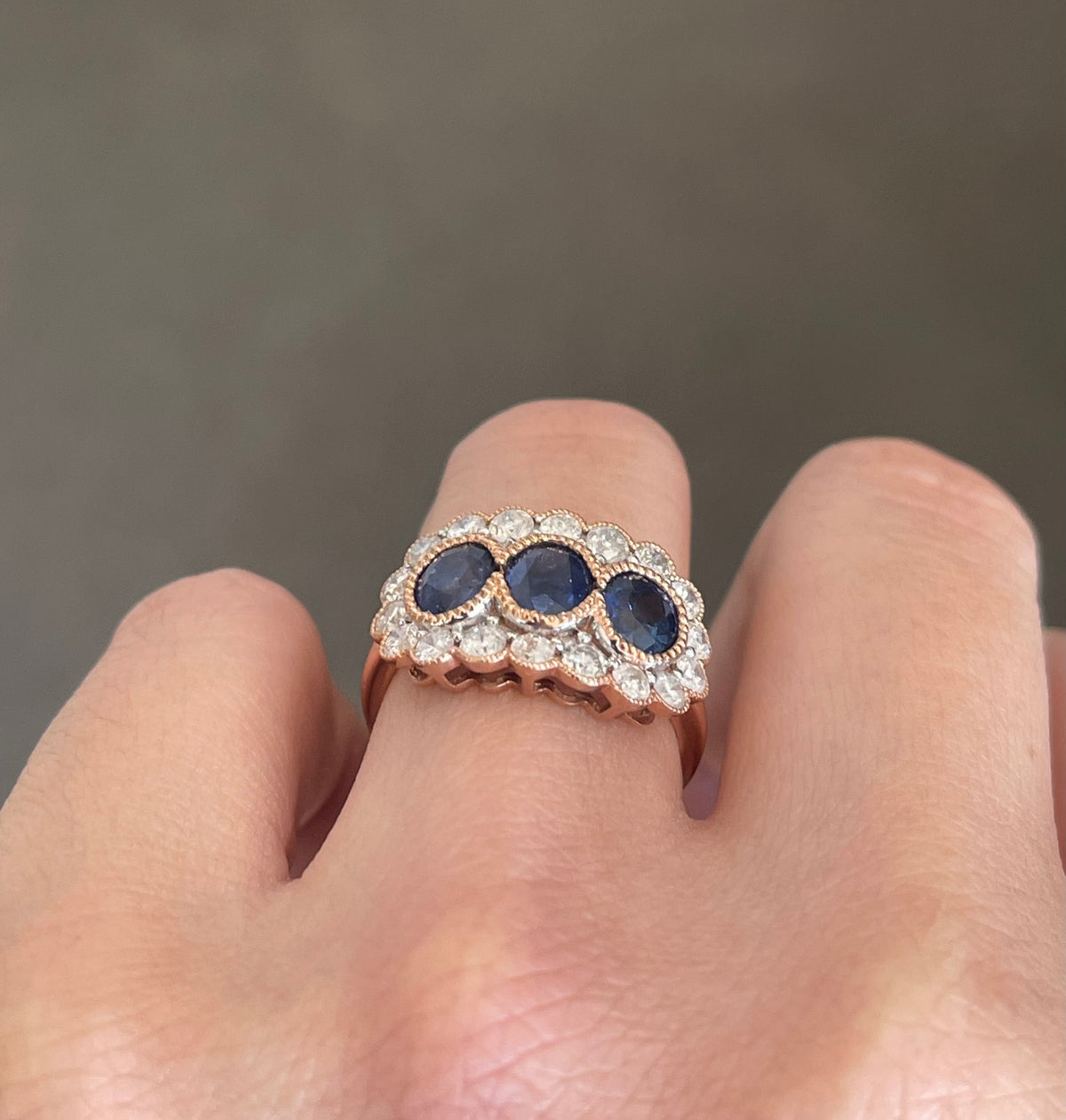 Classic Natural Sapphire Diamond Trilogy Ring In 14ct Rose Gold