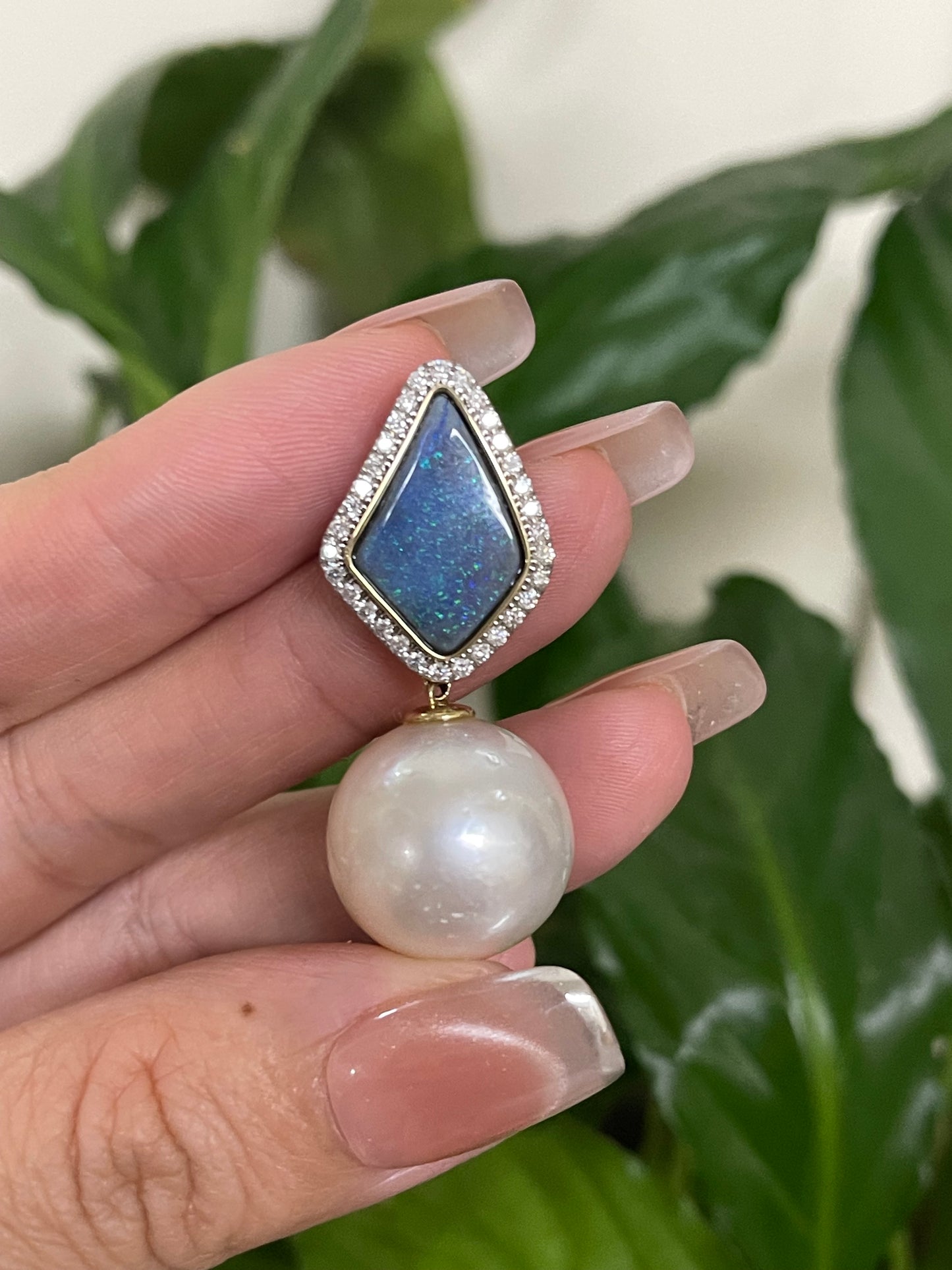 Sea & Sky – Australian Opal & South Sea Pearl Pendant In 14ct Yellow Gold