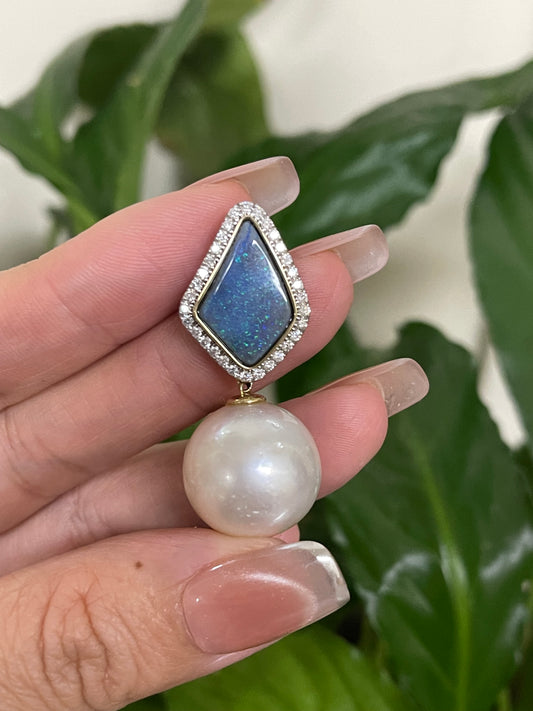 Sea & Sky – Australian Opal & South Sea Pearl Pendant In 14ct Yellow Gold