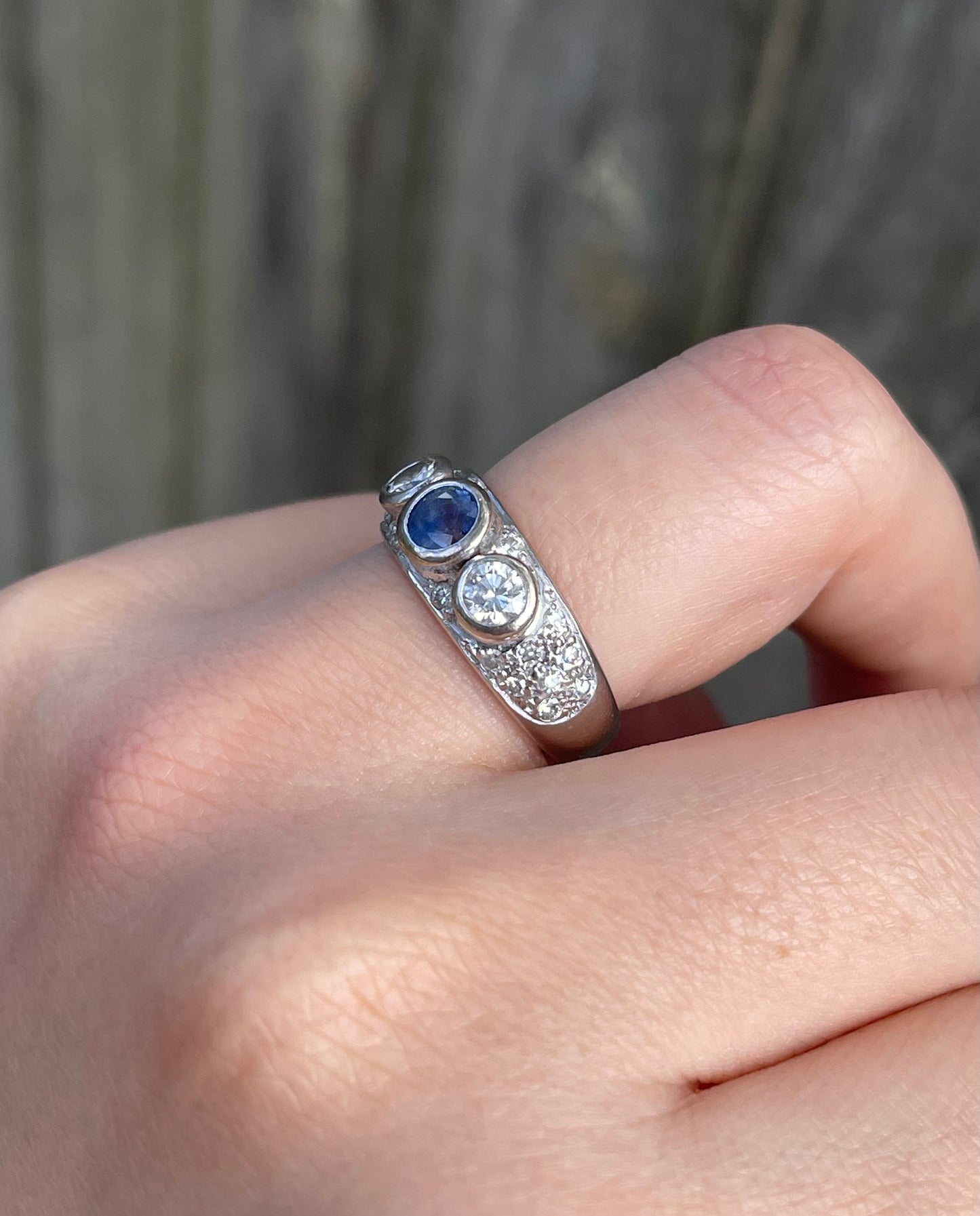 Vintage Natural Ceylon Sapphire Diamond Trilogy Ring In 18ct White Gold