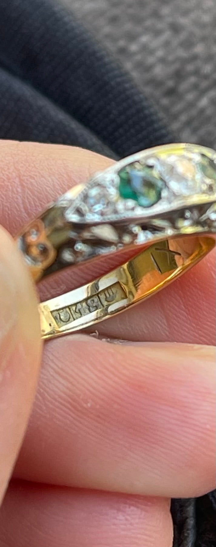 UK Antique Natural Emerald & Old Cut Diamond Ring In 18ct Yellow Gold