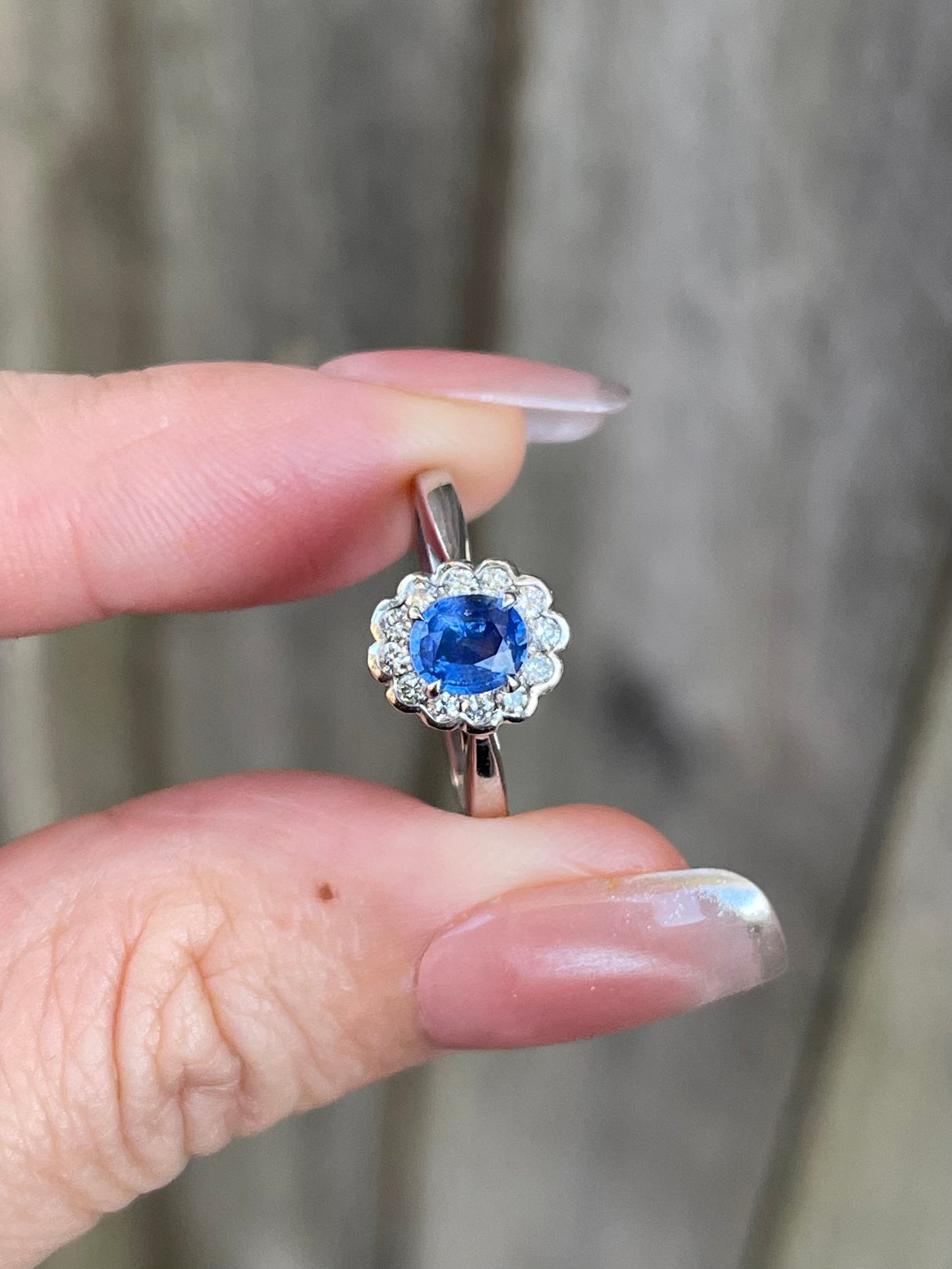 Natural Ceylon Sapphire Diamond Halo Ring In 9ct White Gold