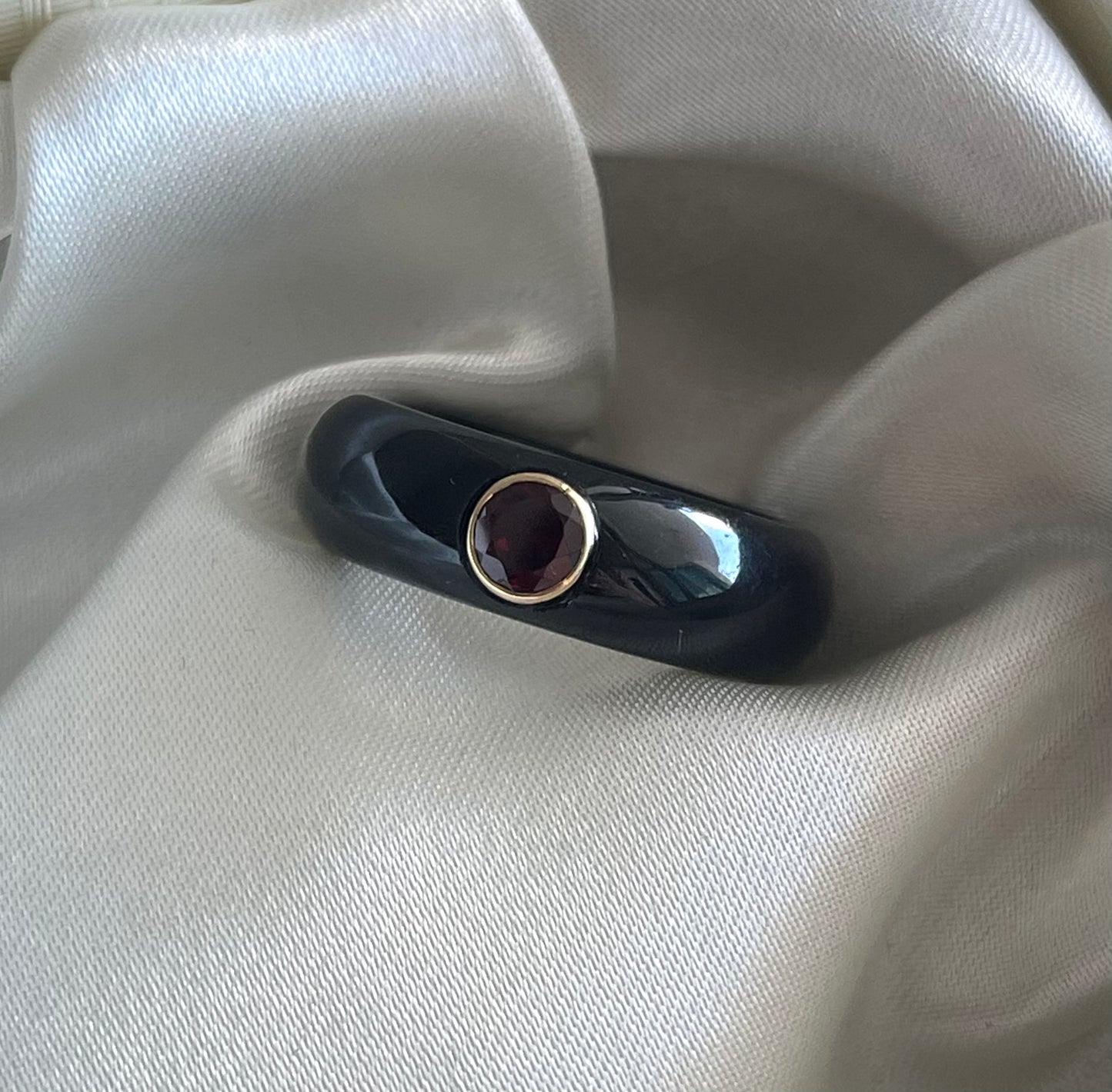 S.E. custom Natural black jade ring with earthy red garnet in 9ct yellow gold