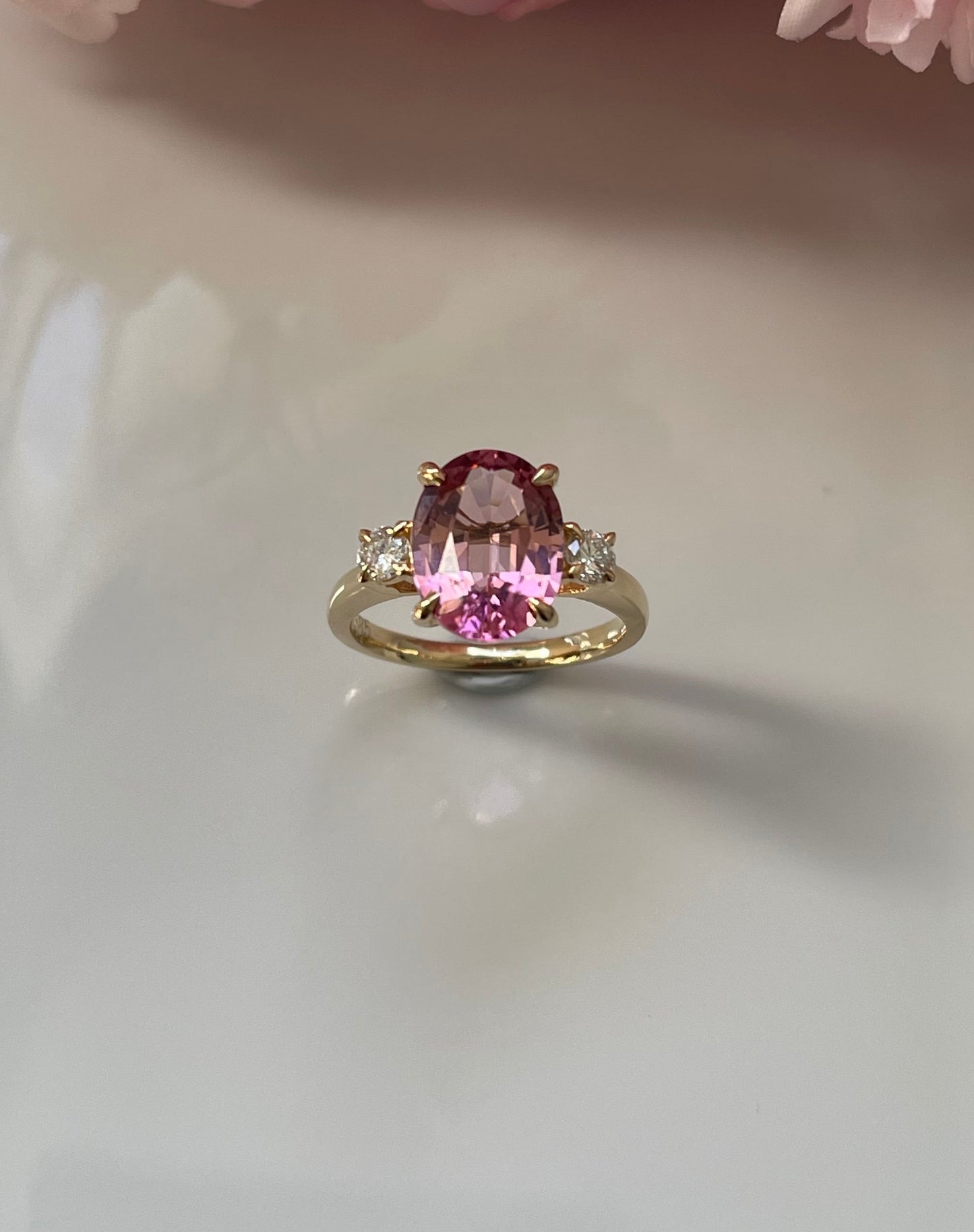 S.E. Custom 3.7ct Pink Tourmaline Diamond Trilogy Ring In 14ct Yellow Gold