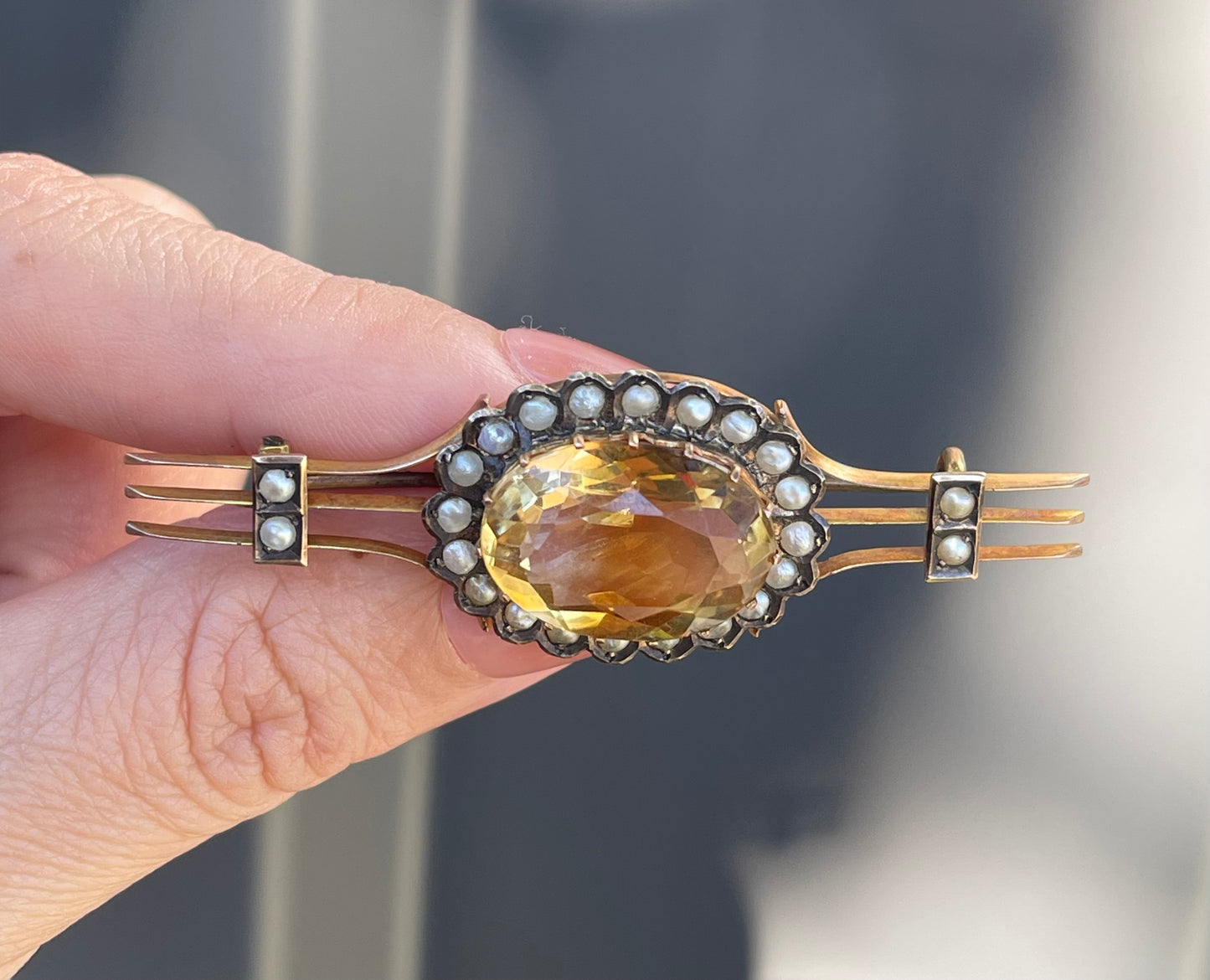 Antique Edwardian Citrine Seed Pearl Brooch In 9ct Yellow Gold