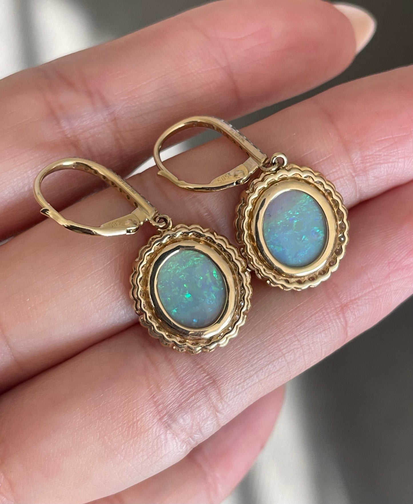 Natural Solid Coober Pedy Opal Diamond Drop Earrings In 14ct Yellow Gold