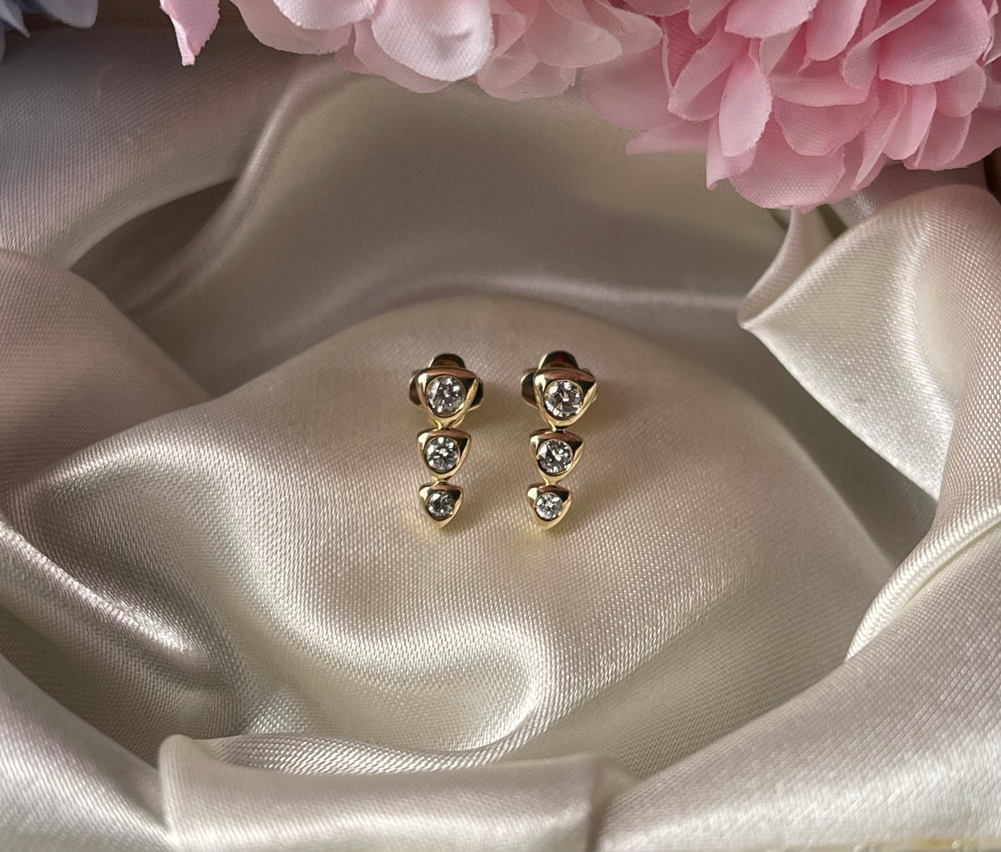 3 Diamond Drop Studs In 9ct Yellow Gold