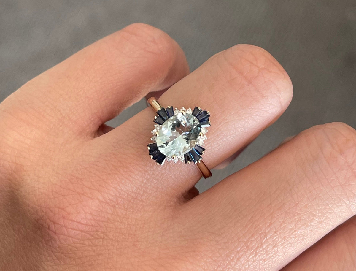 Vintage Style Natural Aquamarine Blue Sapphire Diamond Ring In 14ct Yellow Gold