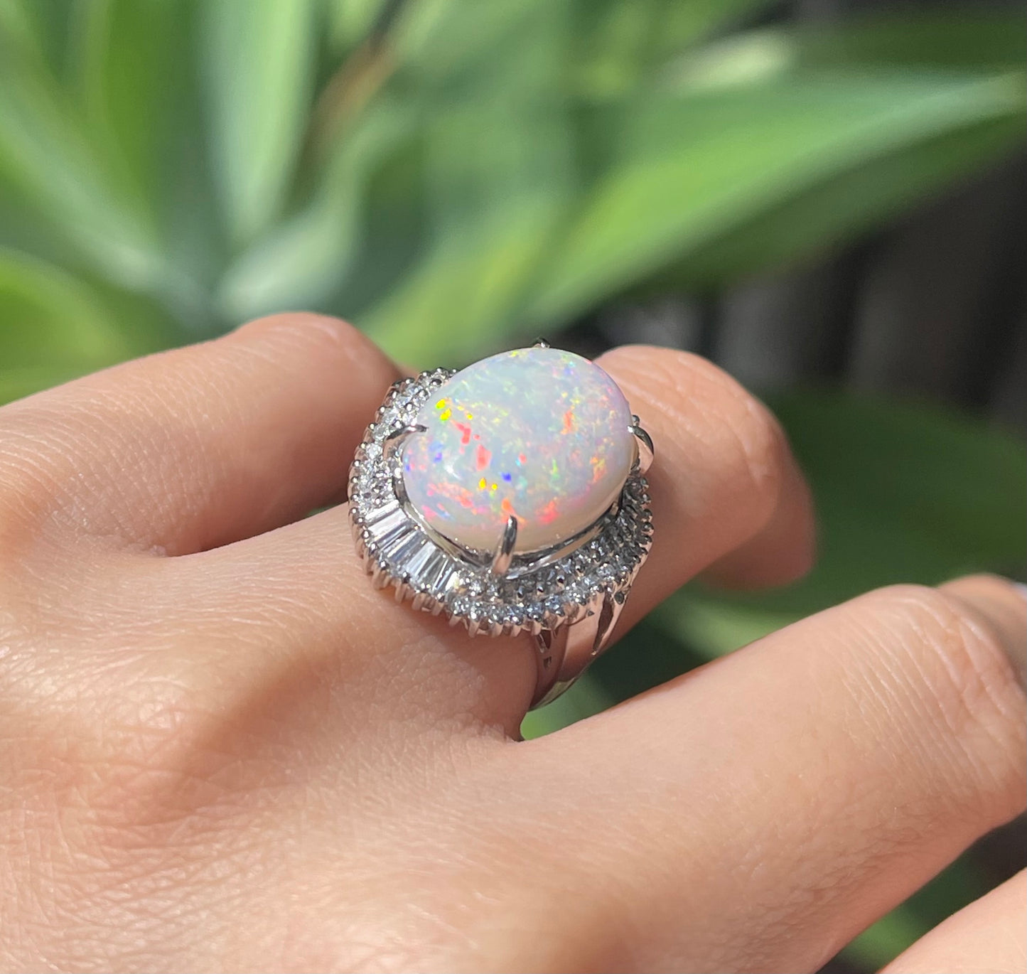6.5ct Australian Solid Opal & Diamond Ring in 900 Platinum – Rare Harlequin Pattern with Fiery Red Flash